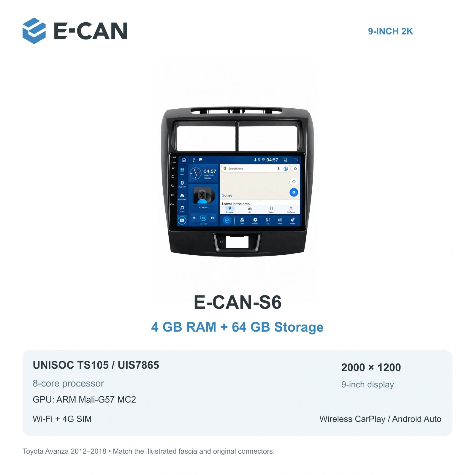 E-CAN Toyota avanza 9-inch · 2012–2018 matched fascia E-CAN-S6 4GB + 64GB