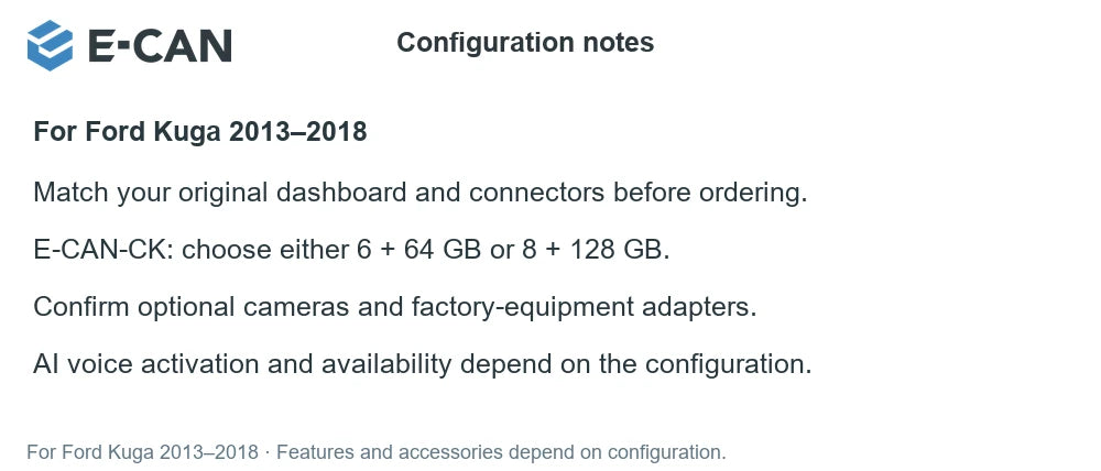 E-CAN Configuration notes for Ford Kuga 2013–2018