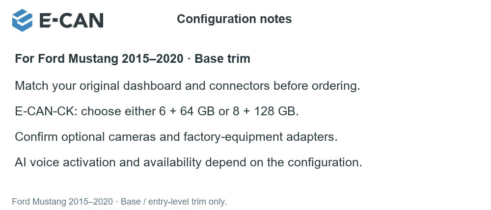 E-CAN Configuration notes for Ford Mustang 2015–2020