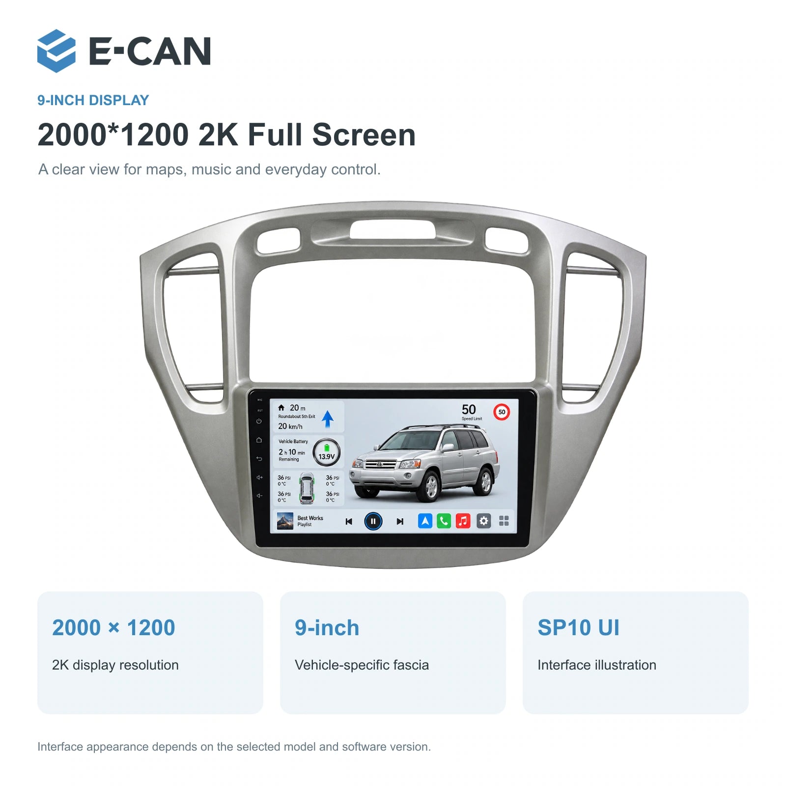 E-CAN Toyota highlander 9-inch · 2002–2007 matched fascia feature