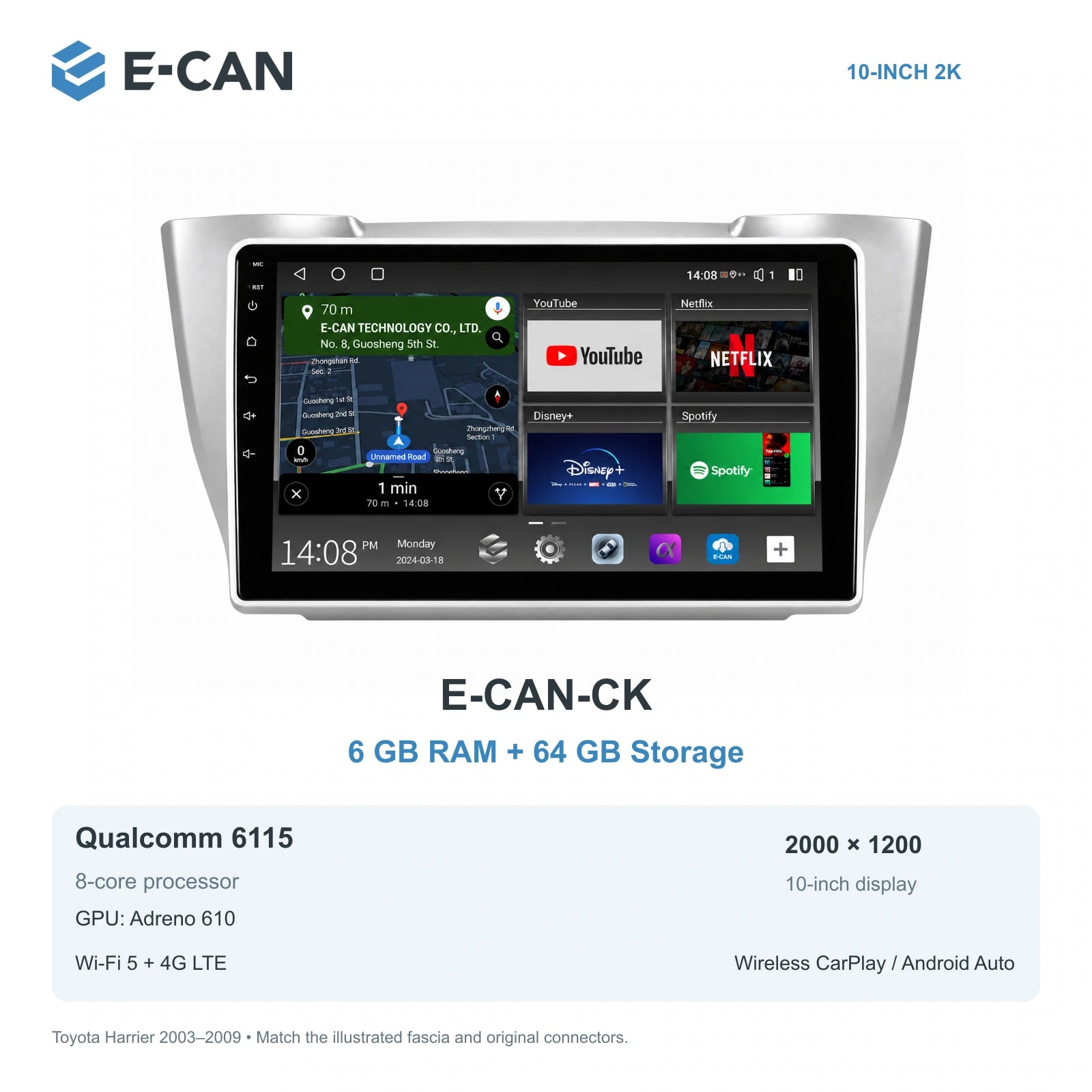 E-CAN Toyota harrier 10-inch · 2003–2009 matched fascia E-CAN-CK 6GB + 64GB