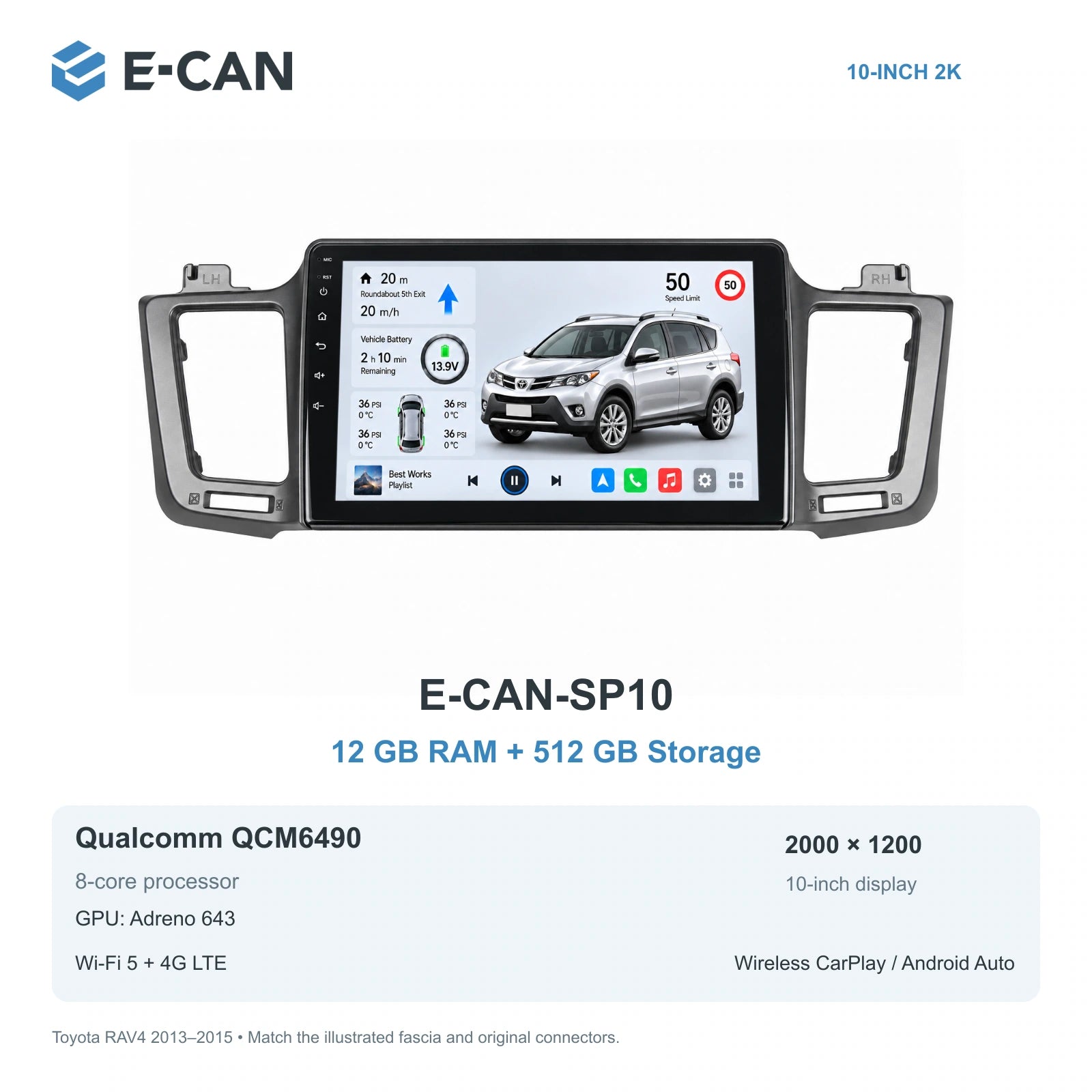 E-CAN Toyota rav4 10-inch · 2013–2015 matched fascia E-CAN-SP10 12GB + 512GB