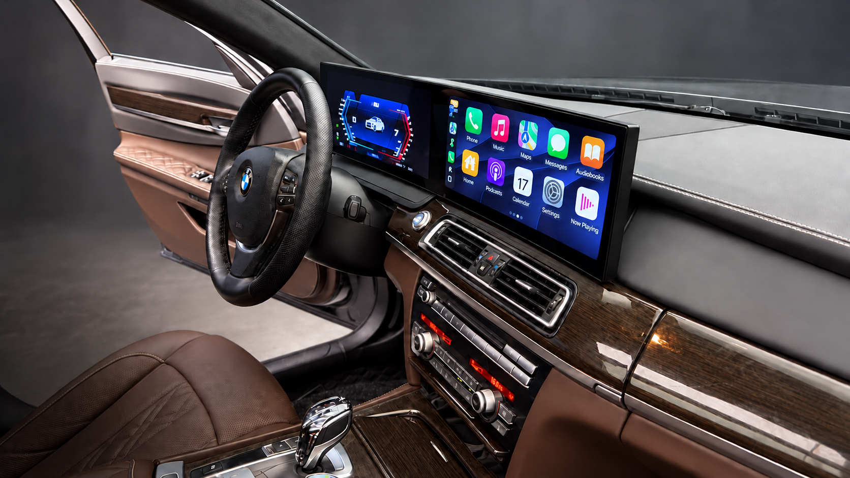 BMW cockpit with E-CAN widescreen navigation display and English interface