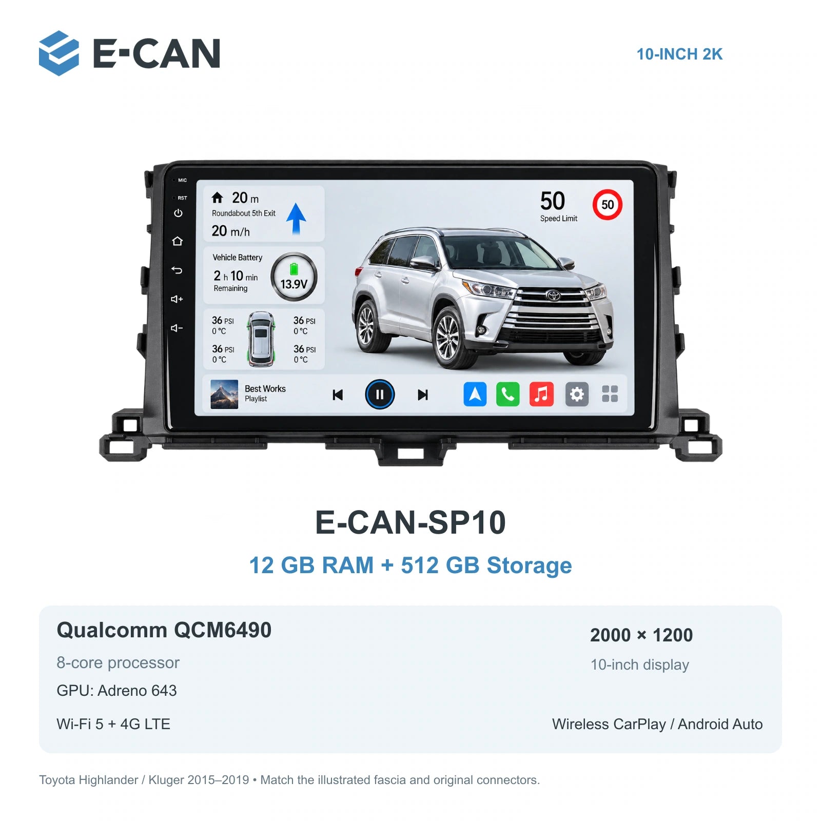 E-CAN Toyota highlander 10-inch · 2015–2019 matched fascia E-CAN-SP10 12GB + 512GB