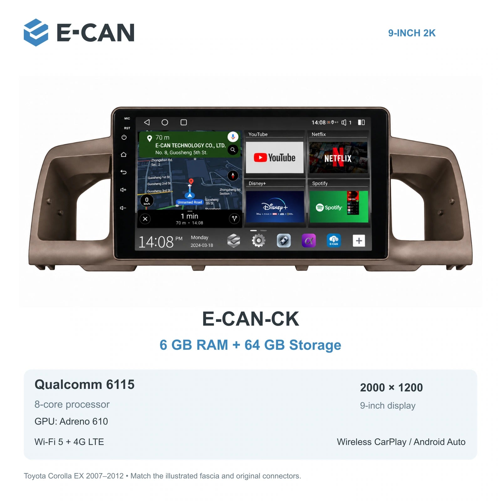 E-CAN Toyota corolla 9-inch · 2007–2012 matched fascia E-CAN-CK 6GB + 64GB