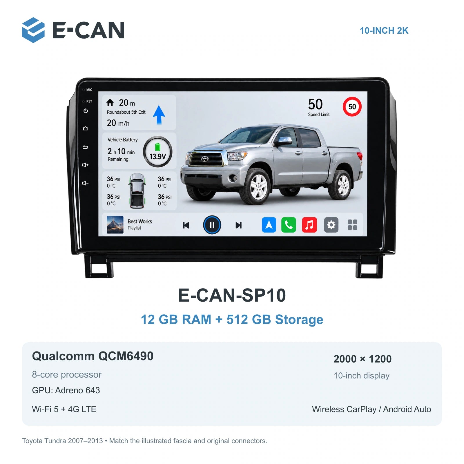 E-CAN Toyota tundra 10-inch · 2007–2013 matched fascia E-CAN-SP10 12GB + 512GB