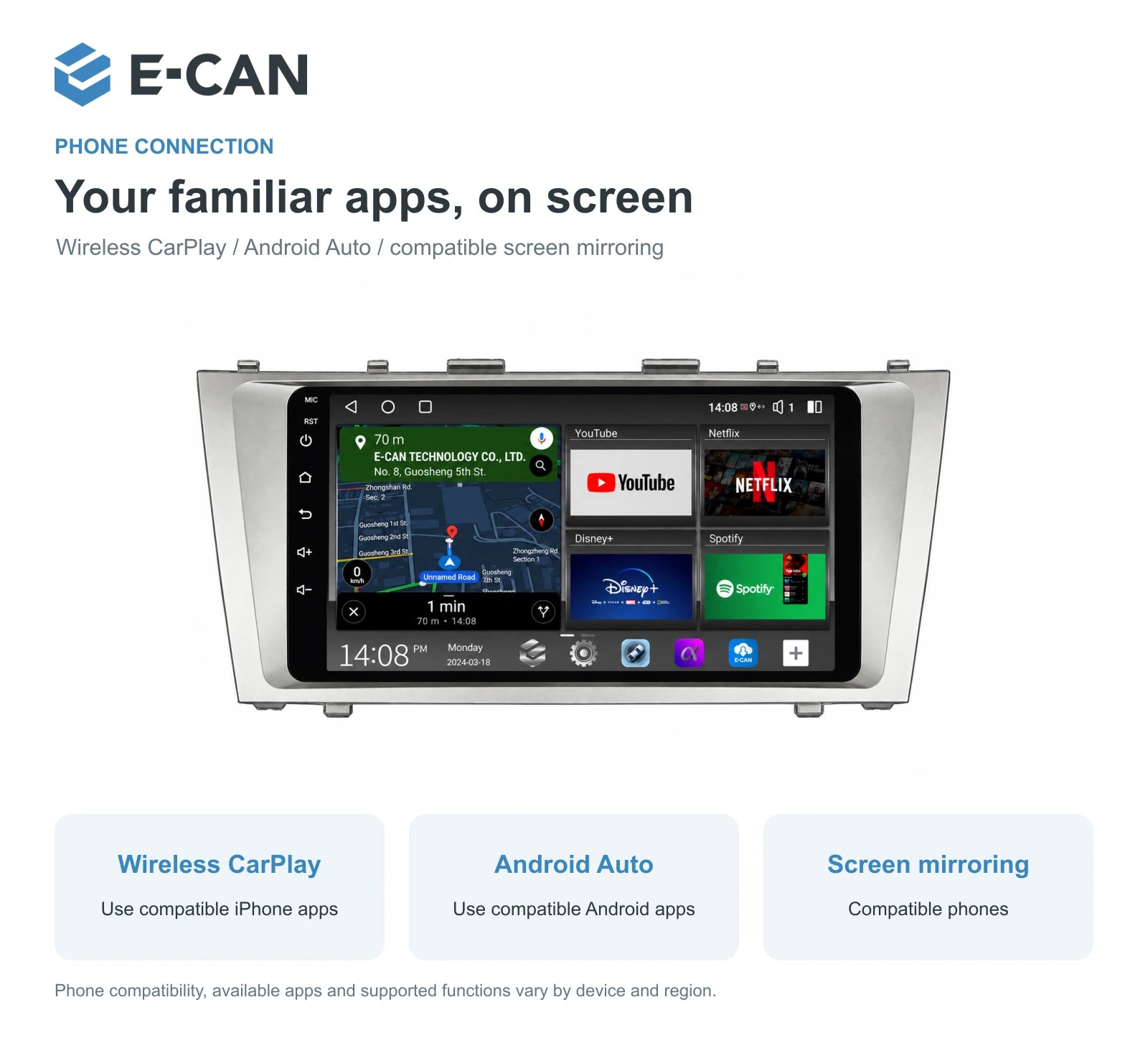E-CAN Toyota Camry XV40 9-inch compact fascia feature