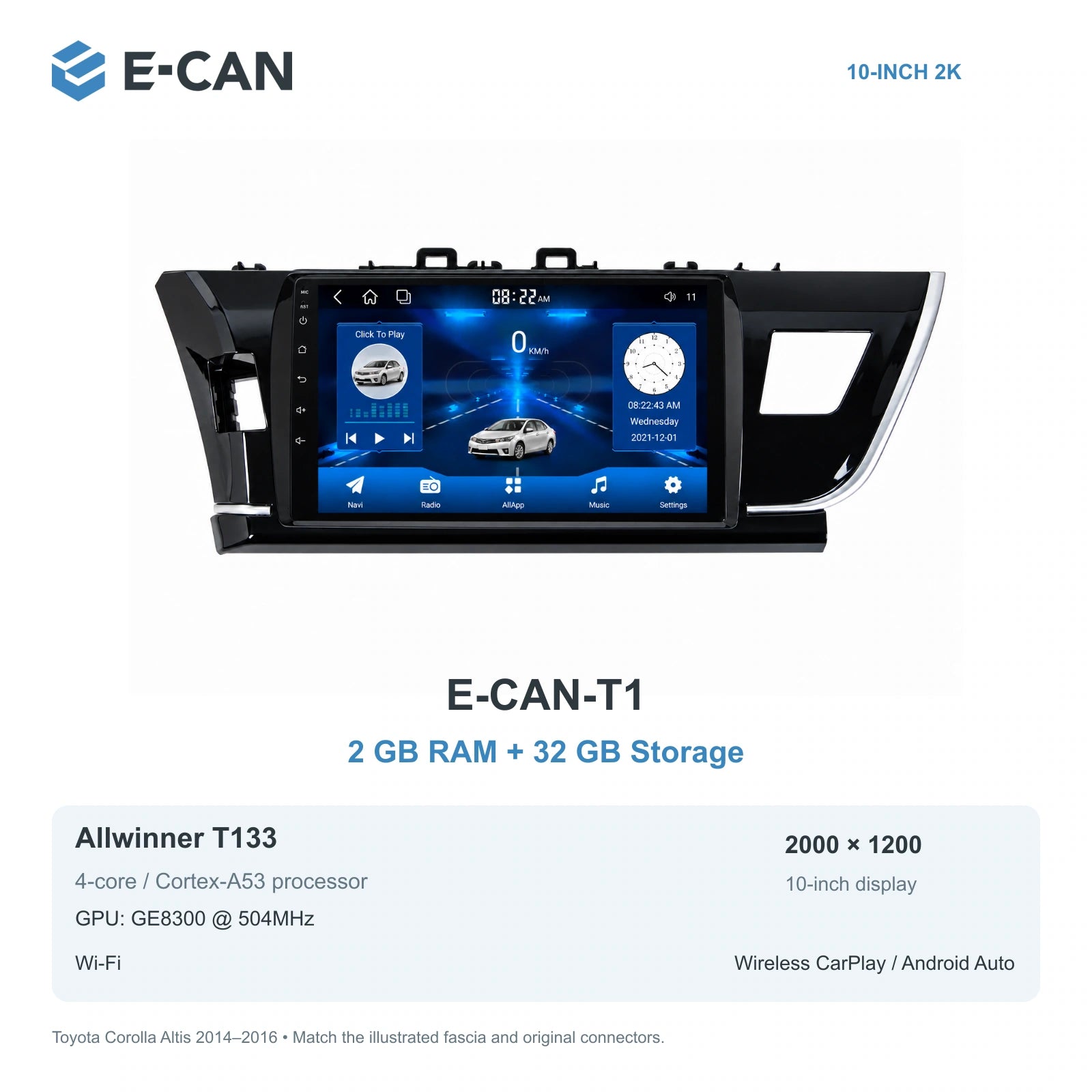 E-CAN Toyota corolla Taiwan LHD fascia · 2014–2016 E-CAN-T1 2GB + 32GB