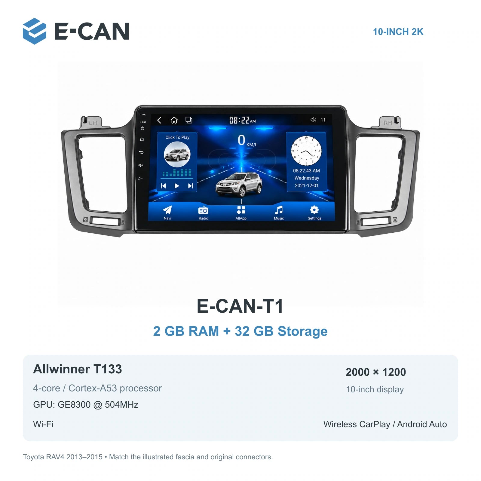 E-CAN Toyota rav4 10-inch · 2013–2015 matched fascia E-CAN-T1 2GB + 32GB