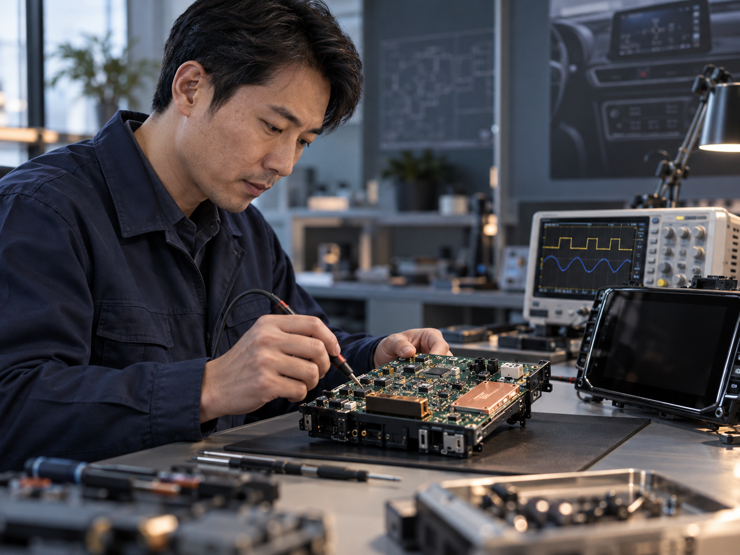 Illustrative technician inspecting an automotive infotainment circuit board