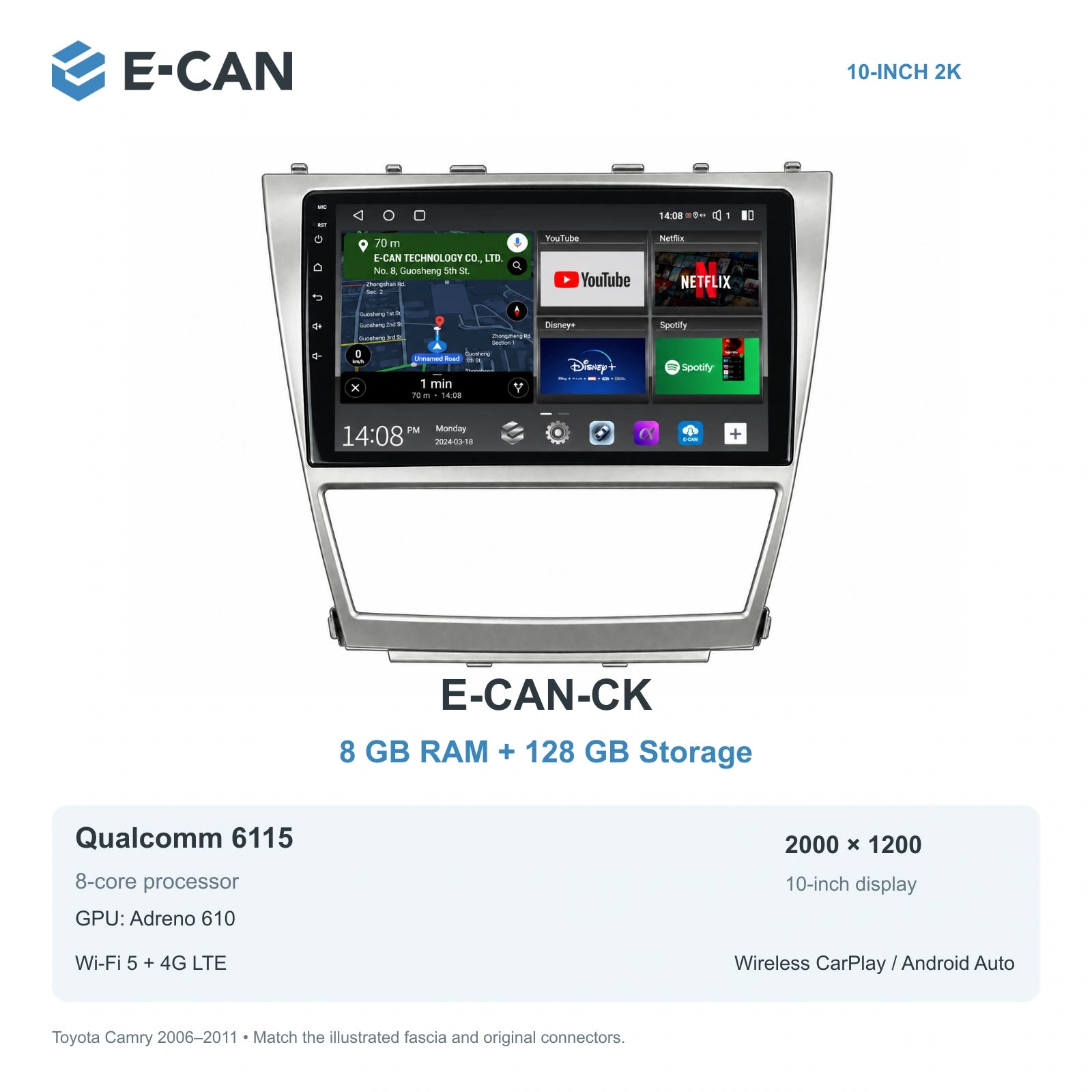 E-CAN Toyota Camry XV40 10-inch climate-opening fascia E-CAN-CK 8GB + 128GB