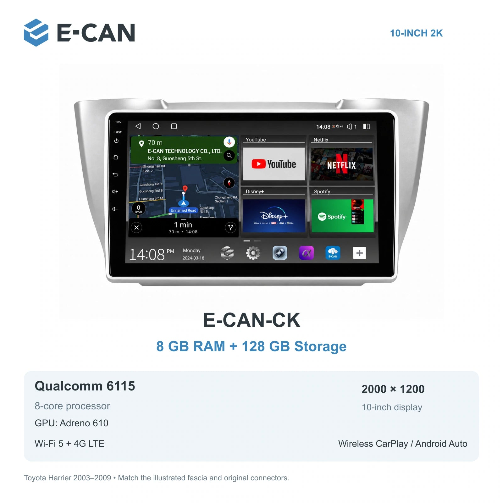 E-CAN Toyota harrier 10-inch · 2003–2009 matched fascia E-CAN-CK 8GB + 128GB