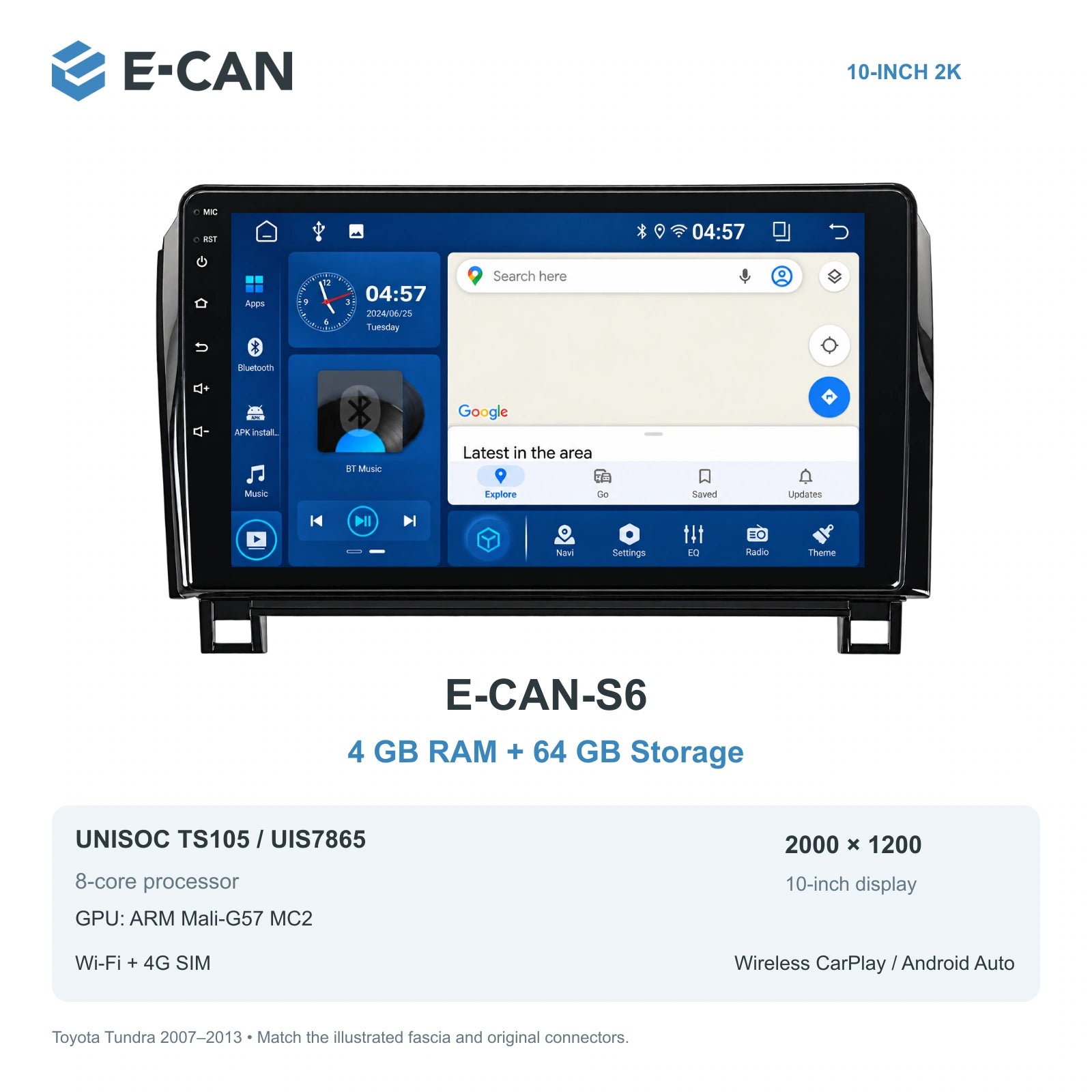 E-CAN Toyota tundra 10-inch · 2007–2013 matched fascia E-CAN-S6 4GB + 64GB
