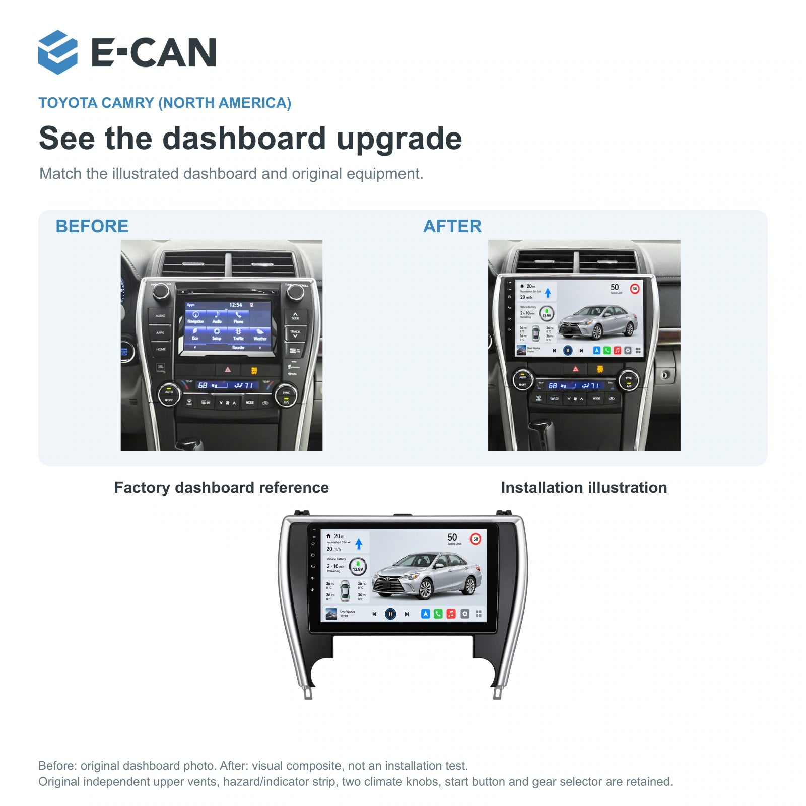 E-CAN Toyota camry North America facelift · 2015–2017 factory dashboard and installation illustration