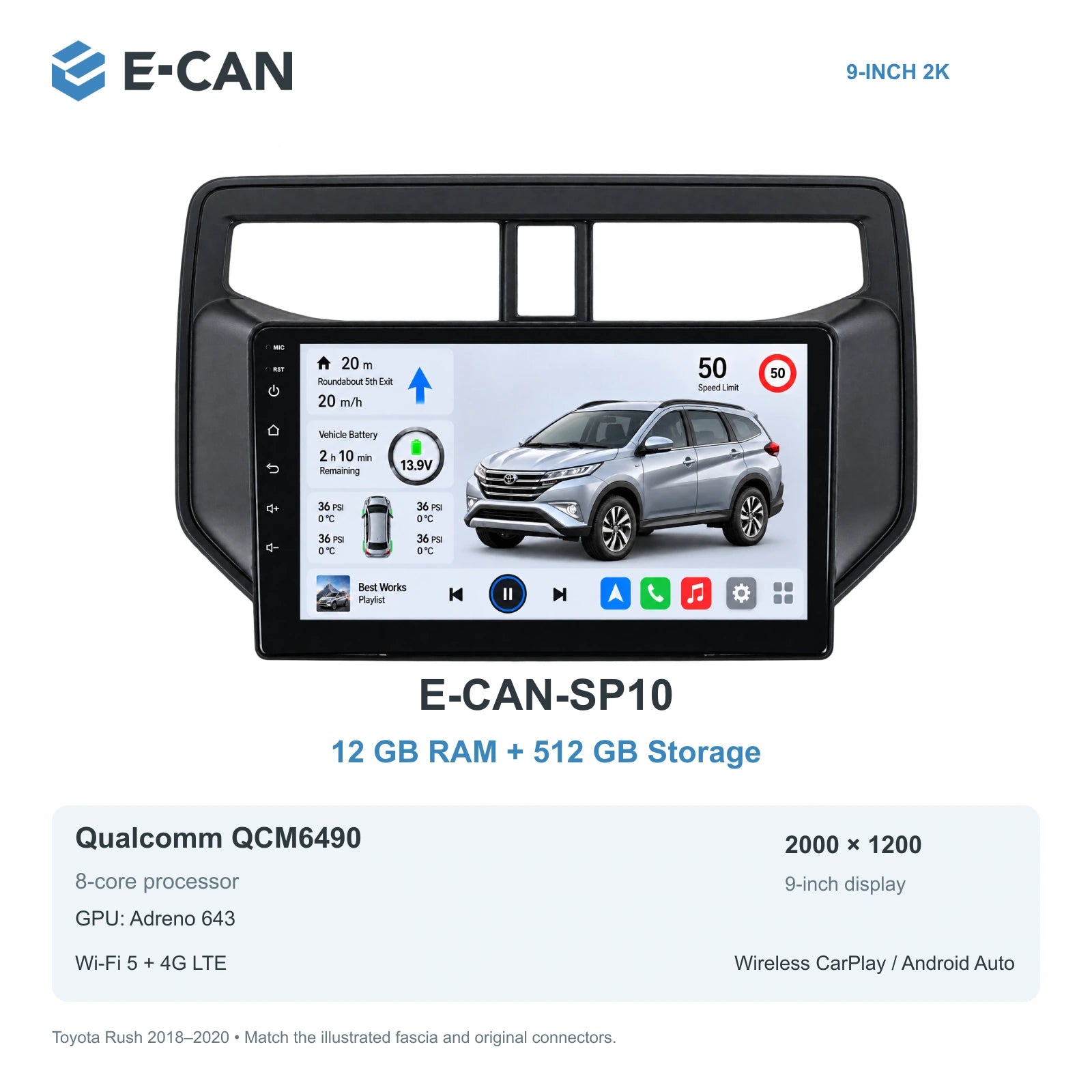 E-CAN Toyota rush 9-inch · 2018–2020 matched fascia E-CAN-SP10 12GB + 512GB