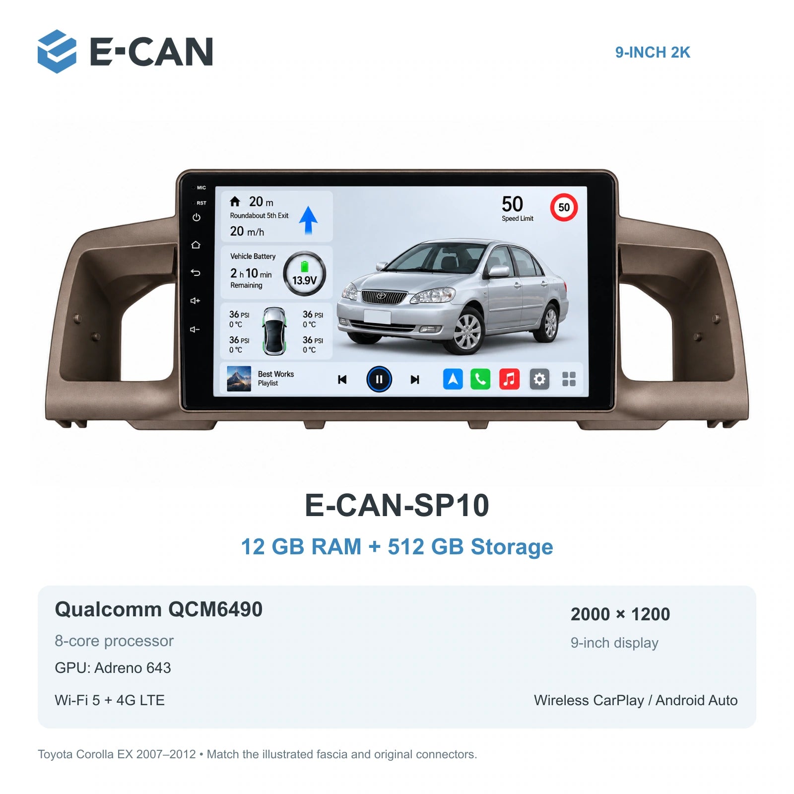 E-CAN Toyota corolla 9-inch · 2007–2012 matched fascia E-CAN-SP10 12GB + 512GB