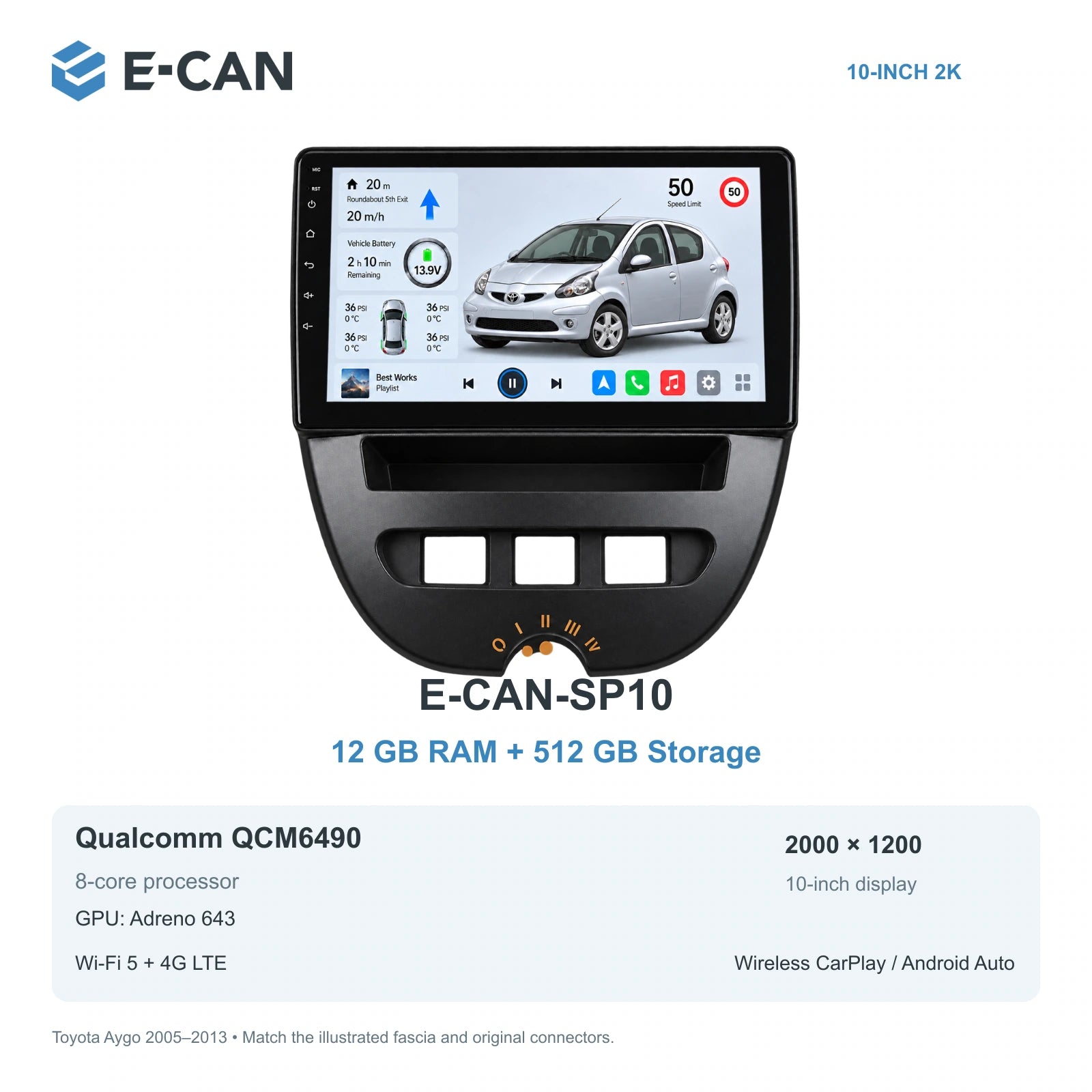 E-CAN Toyota aygo 10-inch · 2005–2013 matched fascia E-CAN-SP10 12GB + 512GB