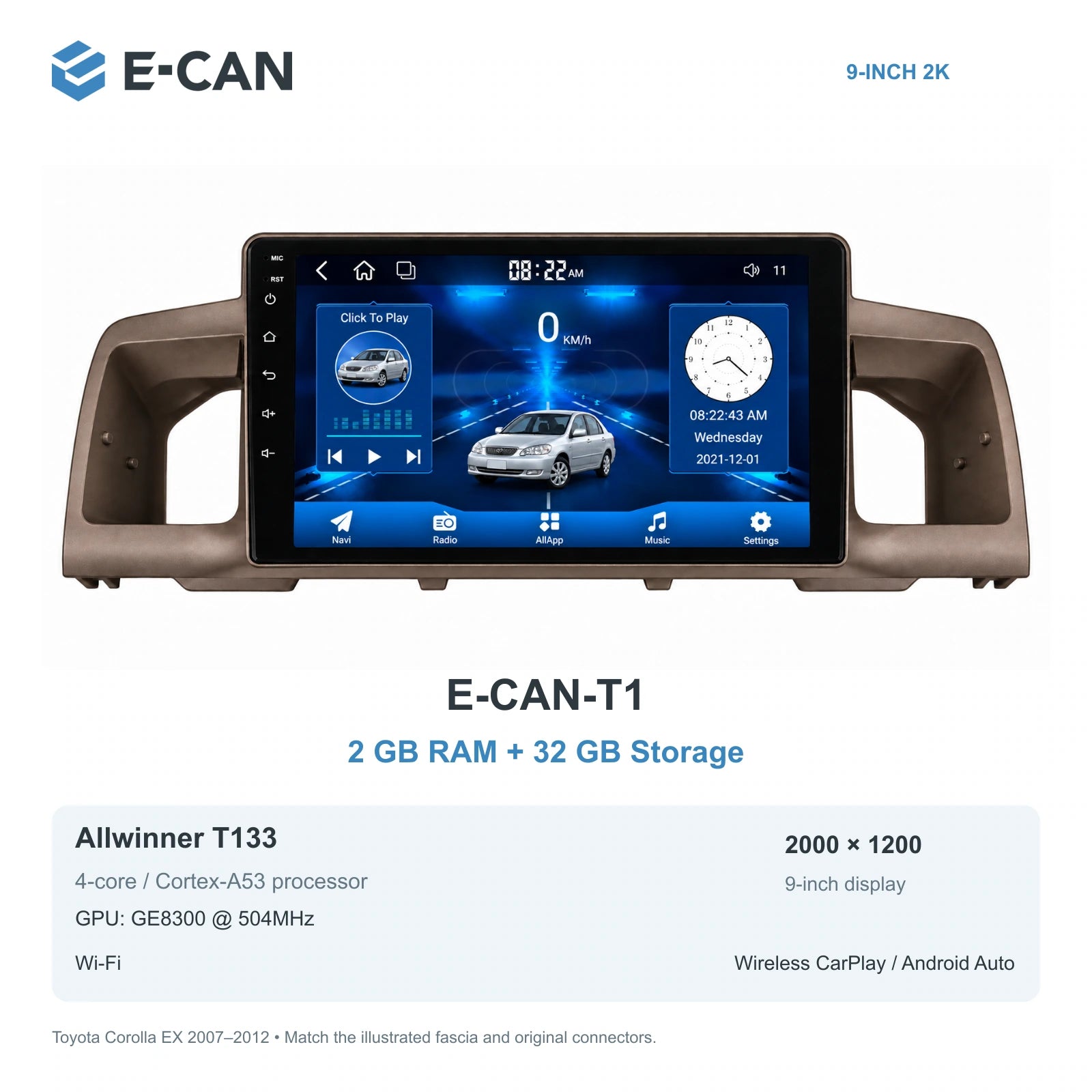 E-CAN Toyota corolla 9-inch · 2007–2012 matched fascia E-CAN-T1 2GB + 32GB