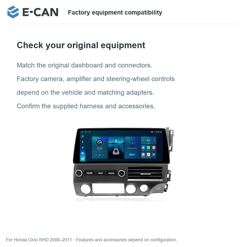 E-CAN Factory equipment compatibility for Honda Civic RHD 2006–2011