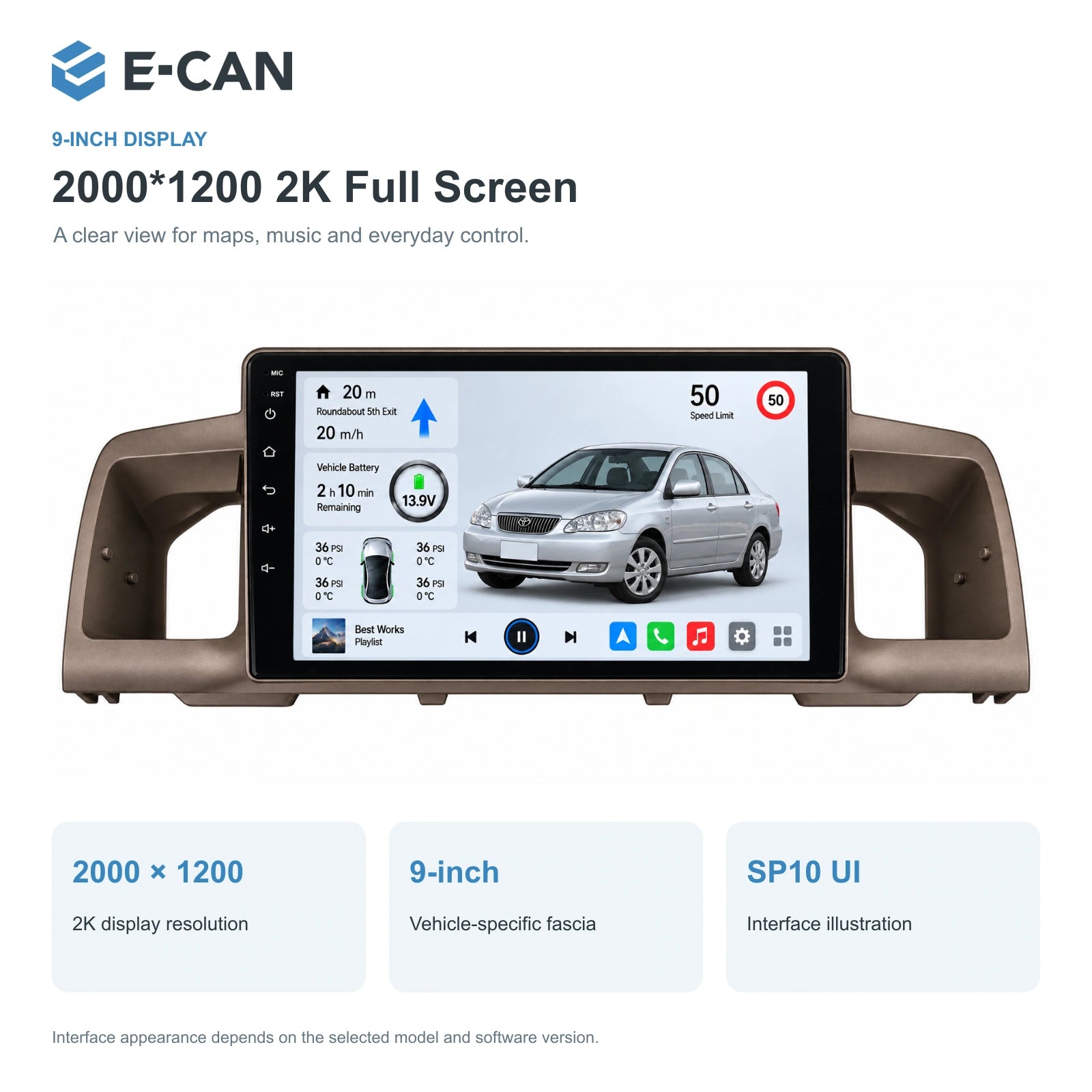 E-CAN Toyota corolla 9-inch · 2007–2012 matched fascia feature