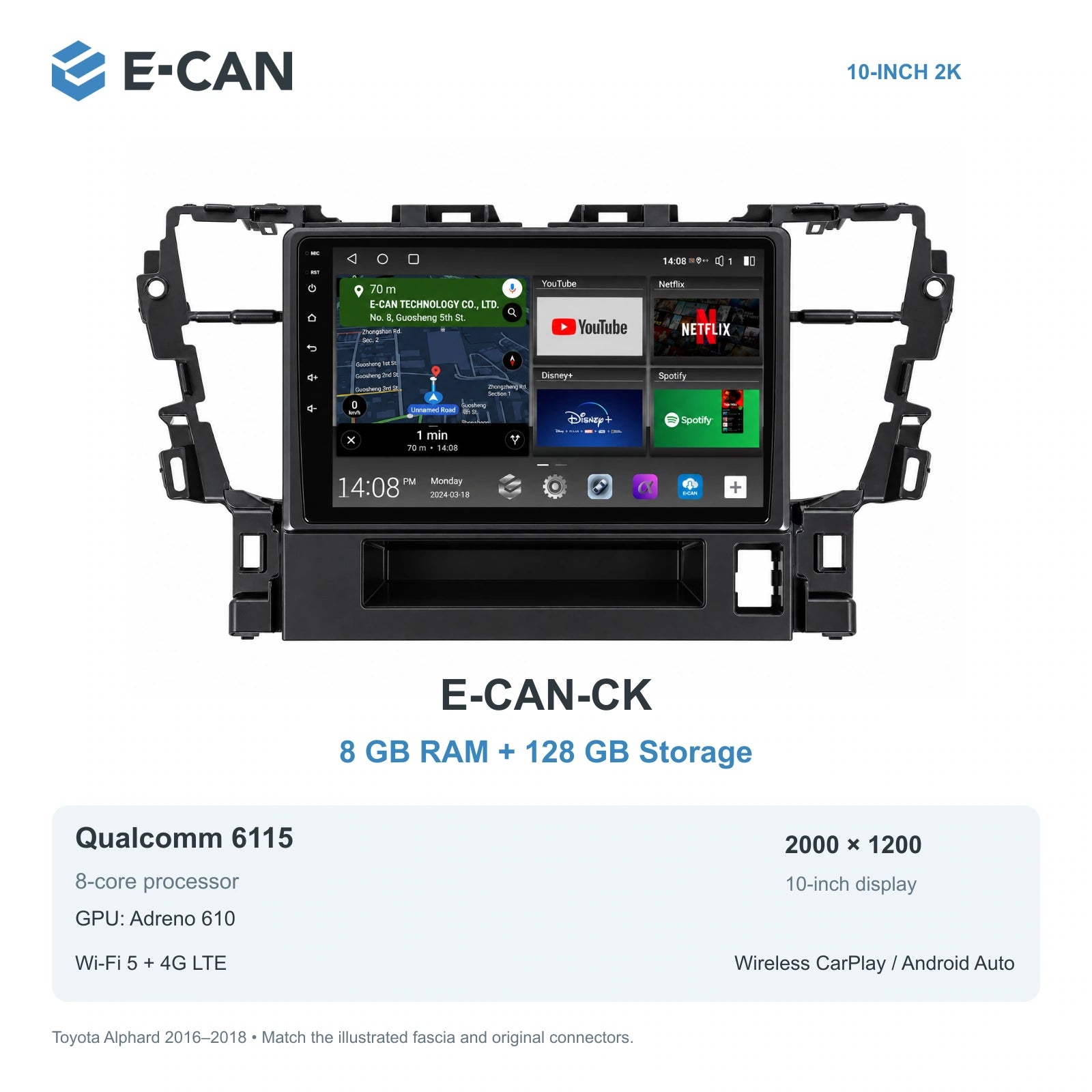 E-CAN Toyota alphard 10-inch · 2016–2018 matched fascia E-CAN-CK 8GB + 128GB