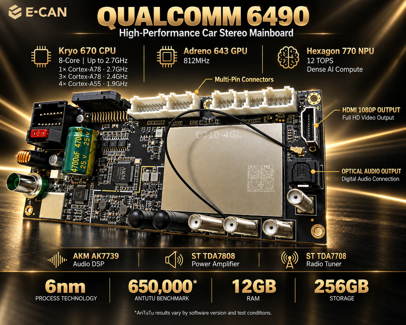 SP10 Qualcomm 6490 mainboard with AKM AK7739 audio DSP, ST TDA7808 amplifier, ST TDA7708 radio, HDMI 1080P and optical audio outputs.