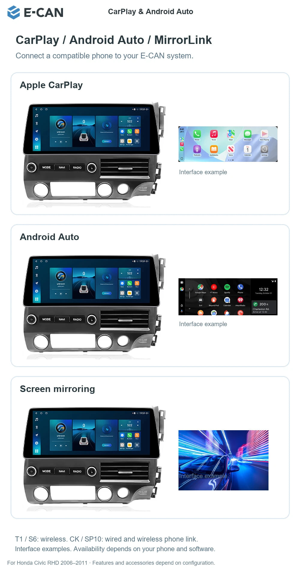 E-CAN CarPlay & Android Auto for Honda Civic RHD 2006–2011