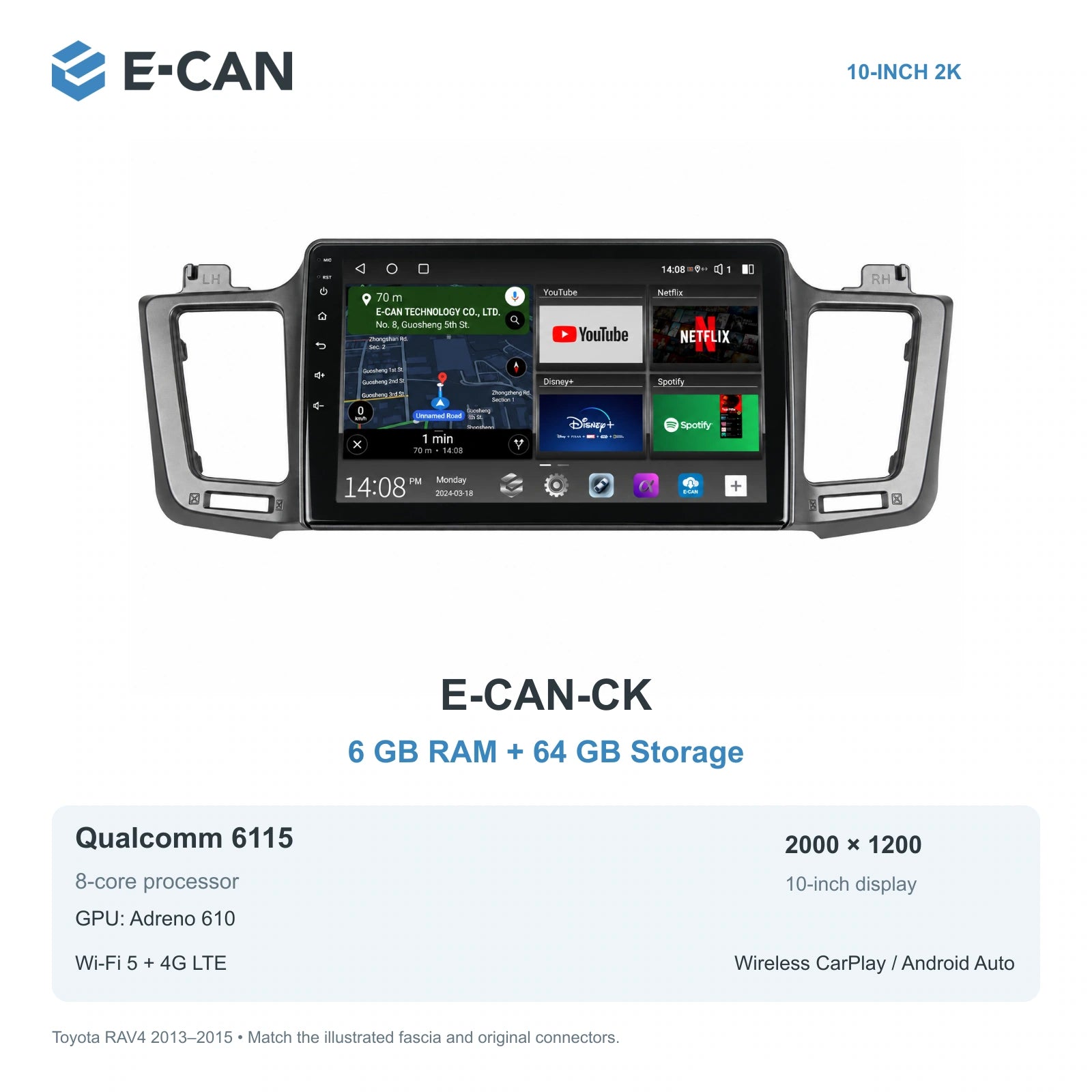 E-CAN Toyota rav4 10-inch · 2013–2015 matched fascia E-CAN-CK 6GB + 64GB