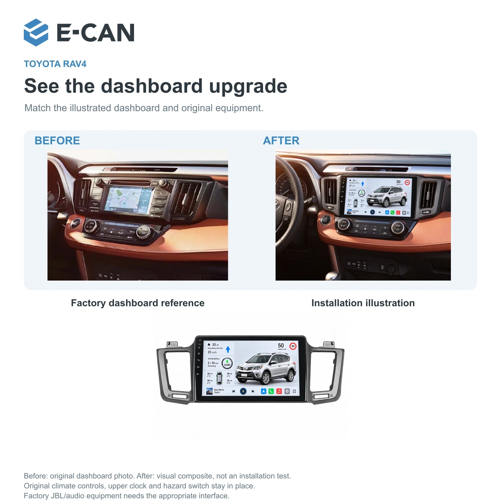 E-CAN Toyota rav4 10-inch · 2013–2015 matched fascia factory dashboard and installation illustration