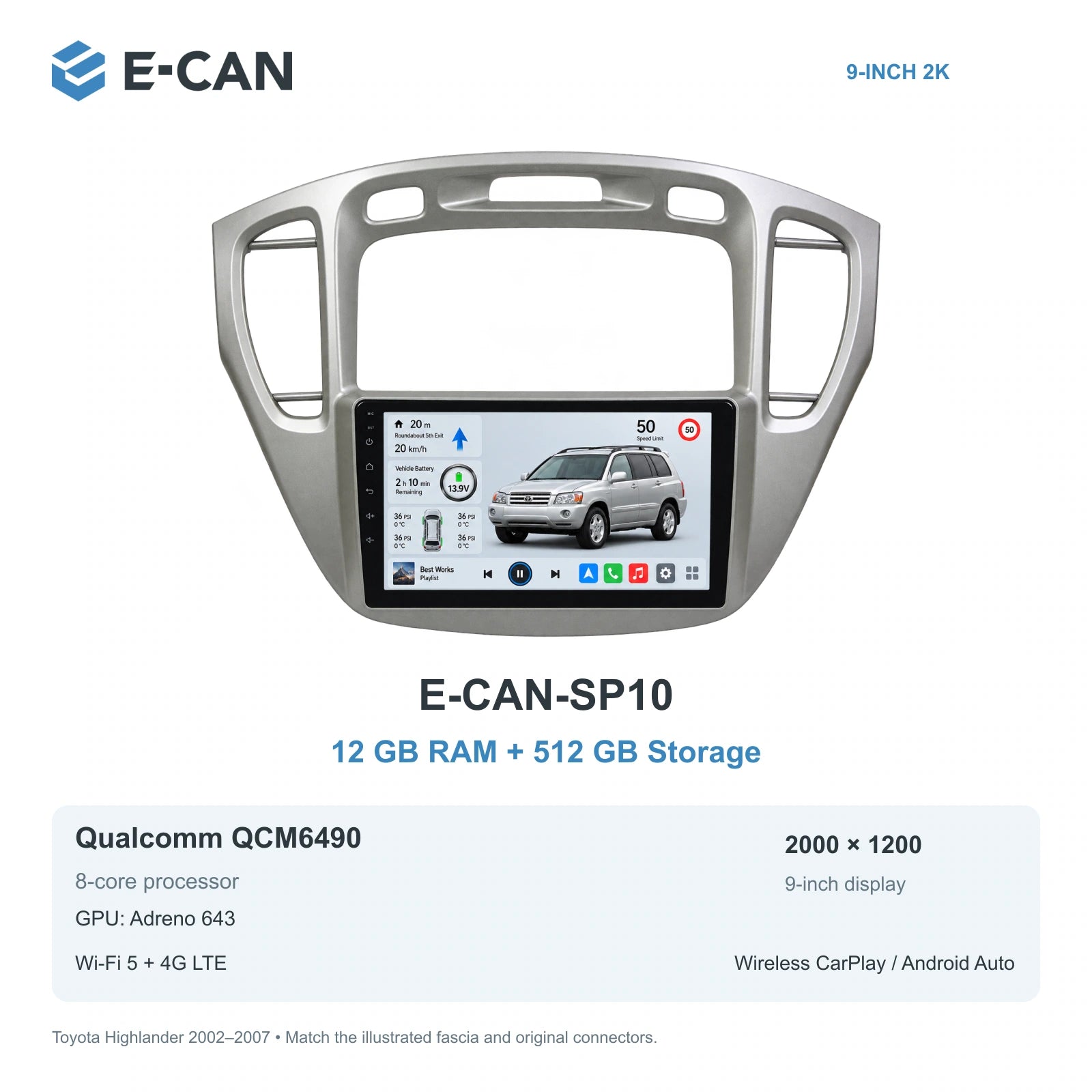 E-CAN Toyota highlander 9-inch · 2002–2007 matched fascia E-CAN-SP10 12GB + 512GB