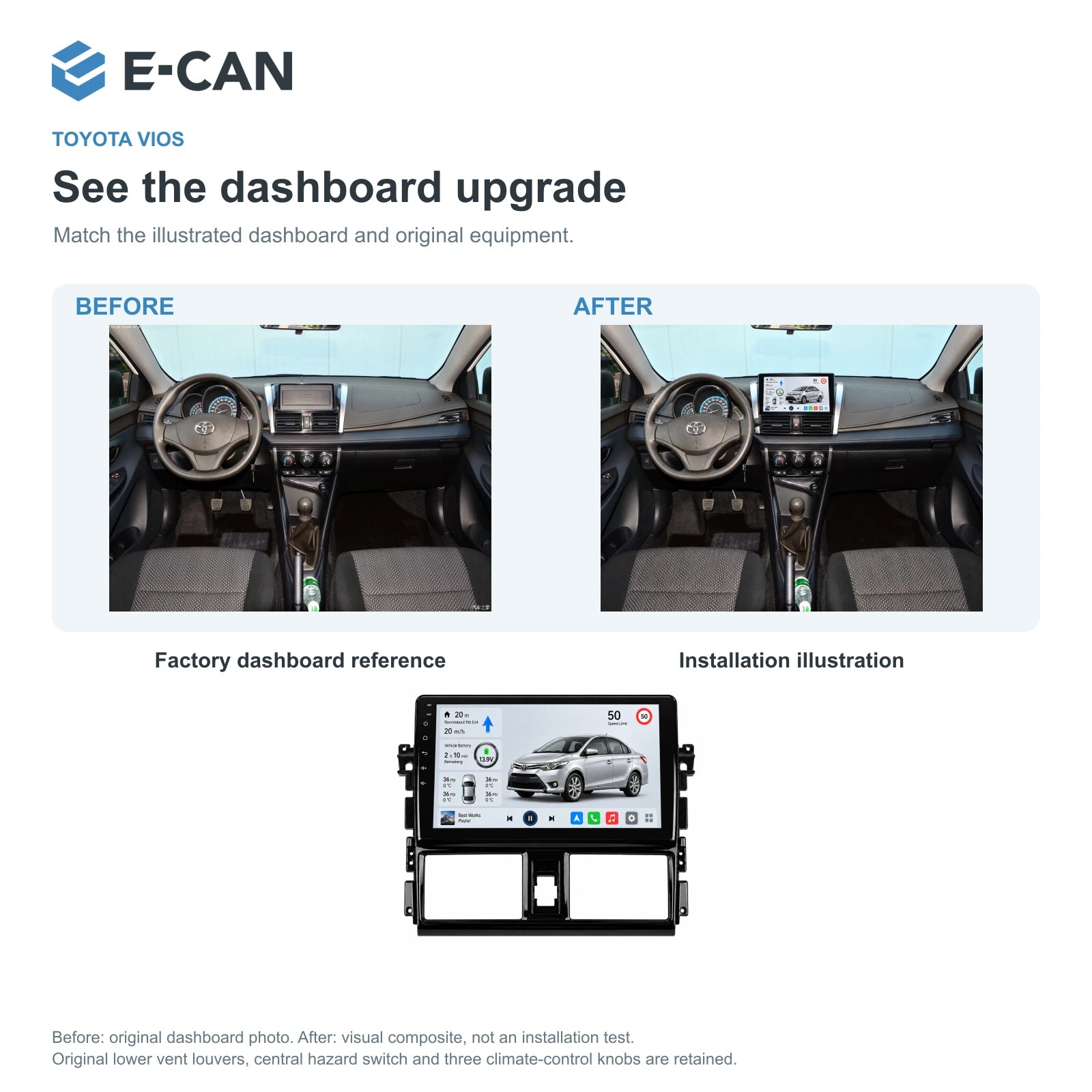E-CAN Toyota vios Standard fascia · 2013–2016 factory dashboard and installation illustration