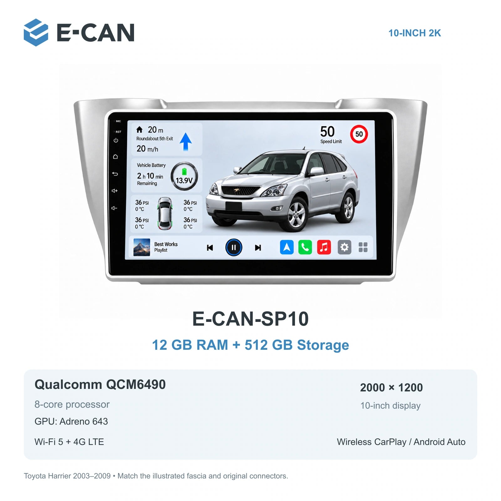 E-CAN Toyota harrier 10-inch · 2003–2009 matched fascia E-CAN-SP10 12GB + 512GB