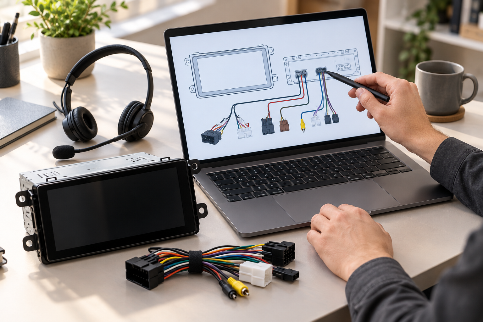 Illustration of a headset, laptop wiring diagram and car audio components