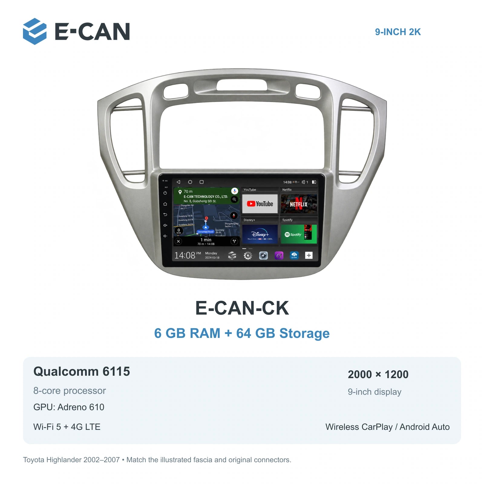 E-CAN Toyota highlander 9-inch · 2002–2007 matched fascia E-CAN-CK 6GB + 64GB
