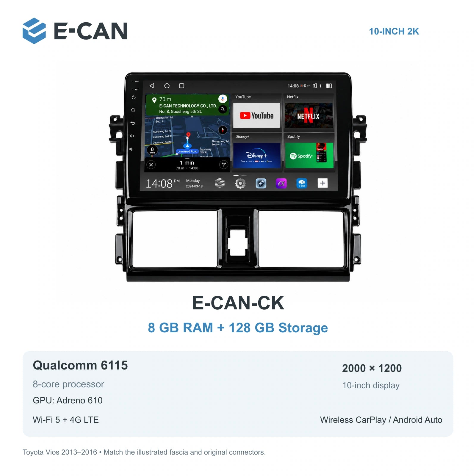 E-CAN Toyota vios Standard fascia · 2013–2016 E-CAN-CK 8GB + 128GB
