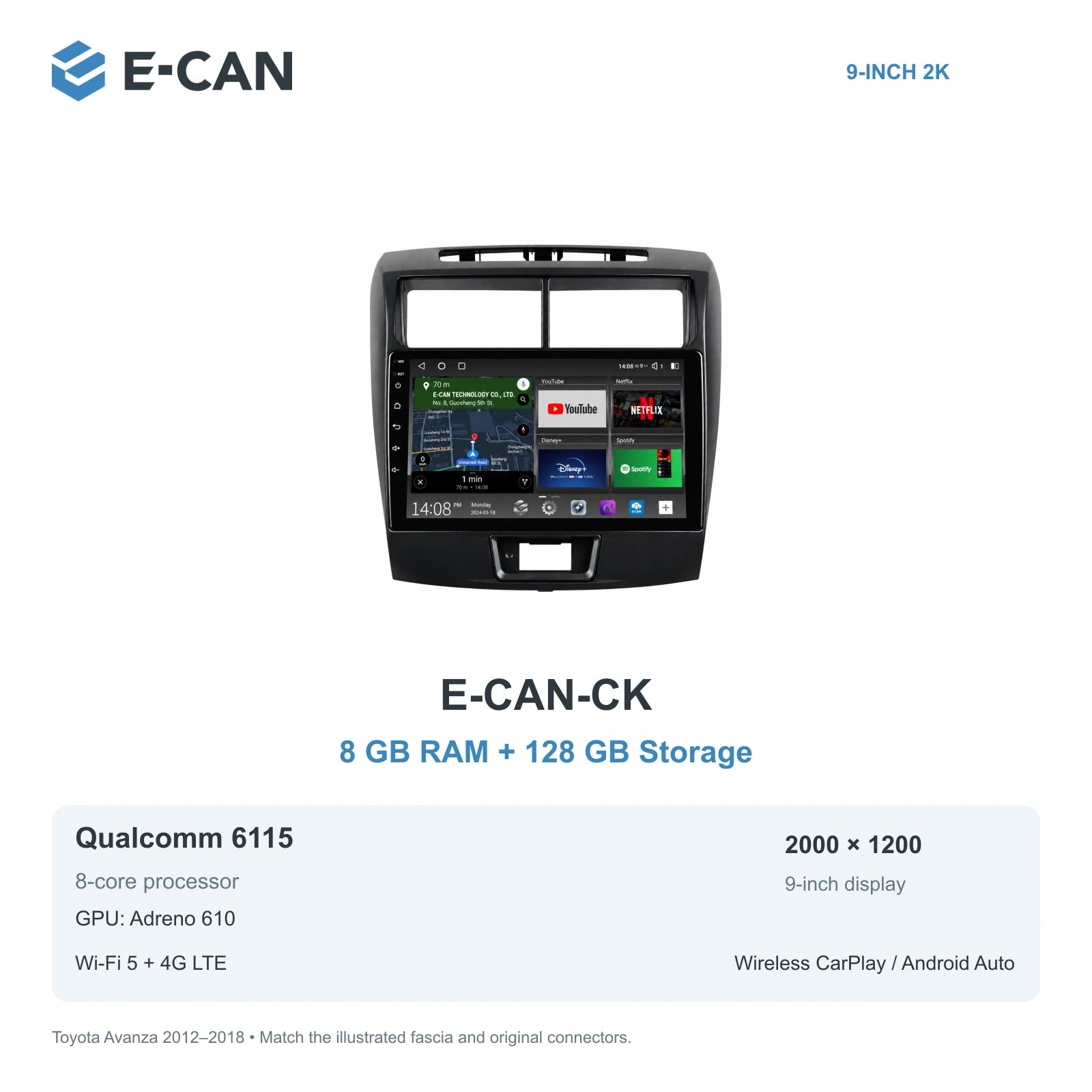 E-CAN Toyota avanza 9-inch · 2012–2018 matched fascia E-CAN-CK 8GB + 128GB