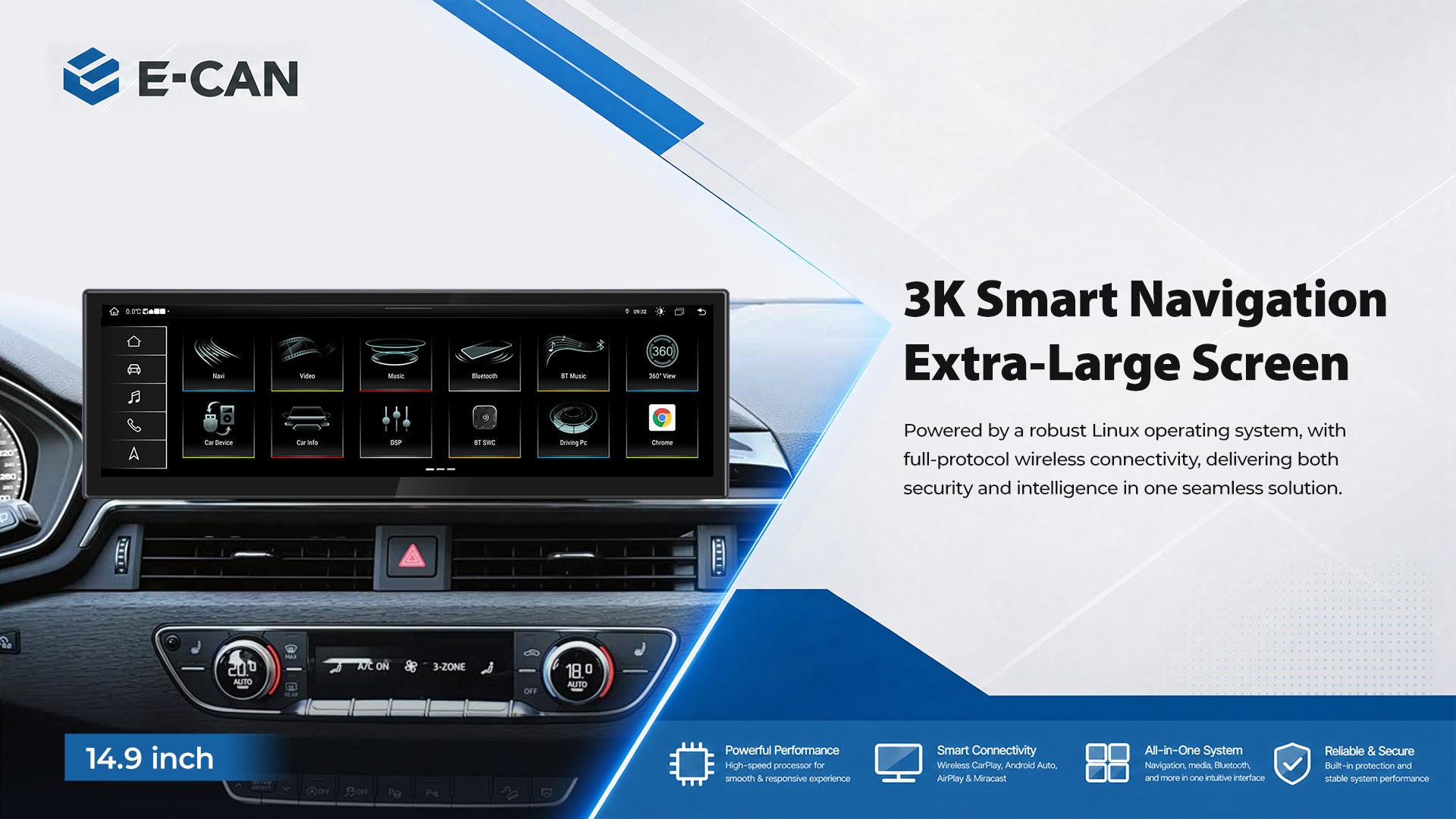 For Audi A4 RS4 B8 B9 2008-2016 14.9" Linux Car Audio Head Unit Wireless CarPlay/Android Auto Bluetooth | EC-L1