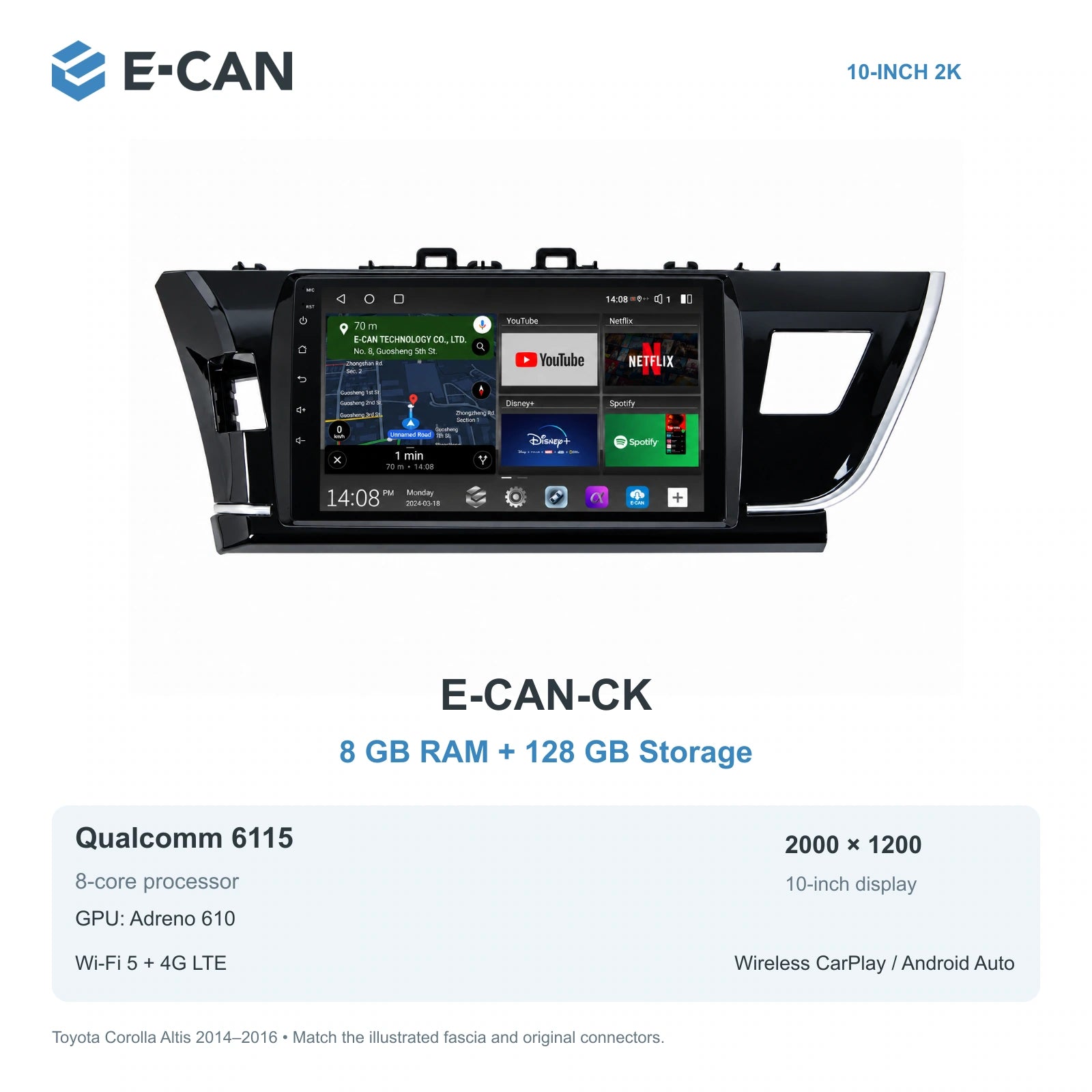E-CAN Toyota corolla Taiwan LHD fascia · 2014–2016 E-CAN-CK 8GB + 128GB