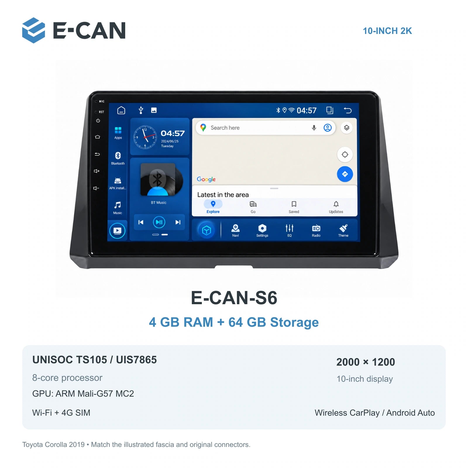 E-CAN Toyota corolla 10-inch · 2019 matched fascia E-CAN-S6 4GB + 64GB
