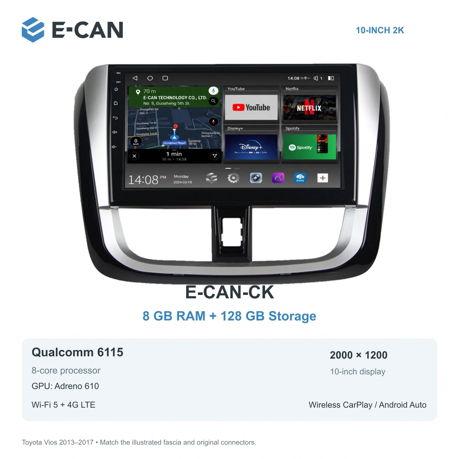 E-CAN Toyota vios Full U-shaped fascia · 2013–2017 E-CAN-CK 8GB + 128GB