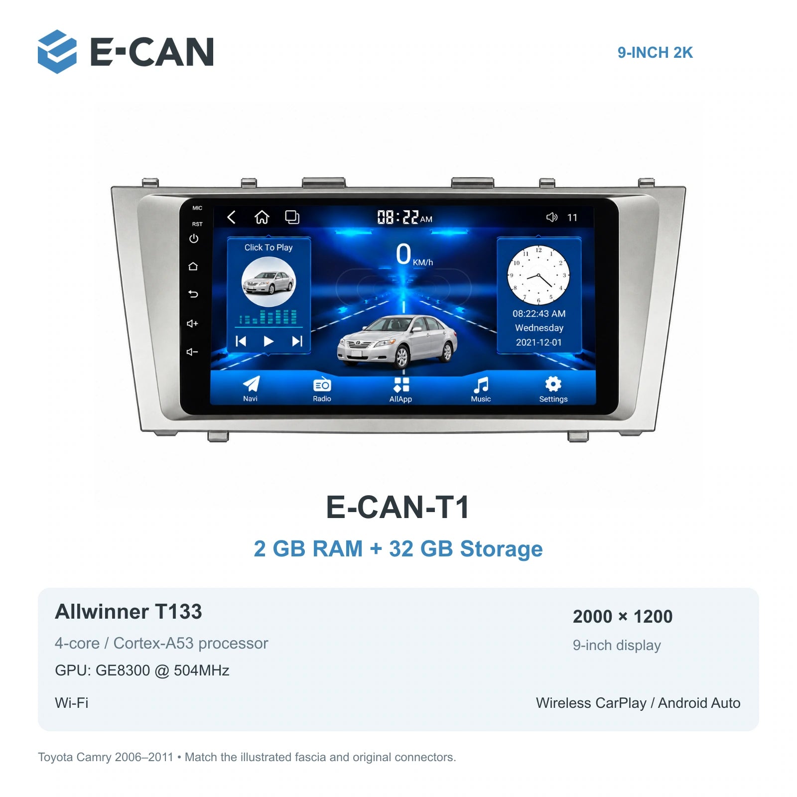 E-CAN Toyota Camry XV40 9-inch compact fascia E-CAN-T1 2GB + 32GB