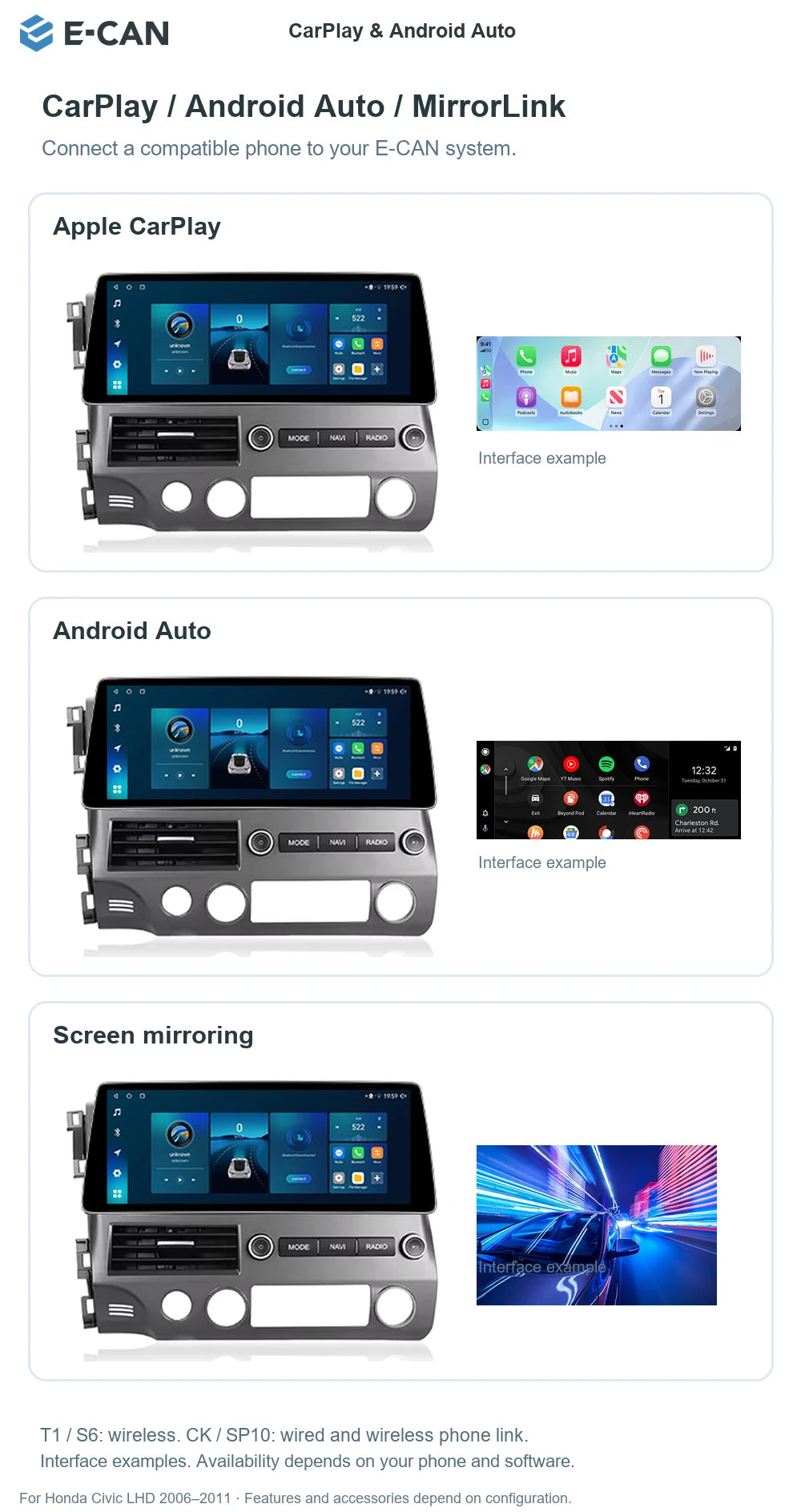 E-CAN CarPlay & Android Auto for Honda Civic LHD 2006–2011