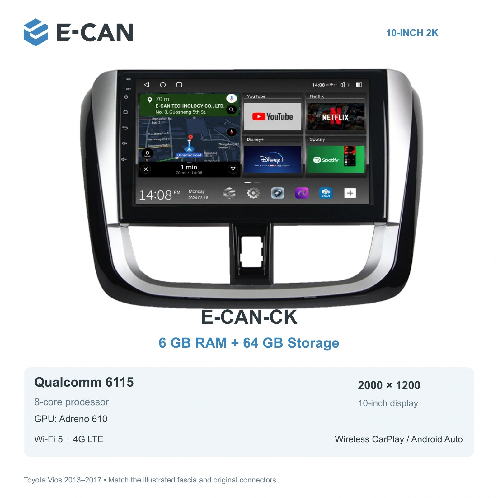 E-CAN Toyota vios Full U-shaped fascia · 2013–2017 E-CAN-CK 6GB + 64GB