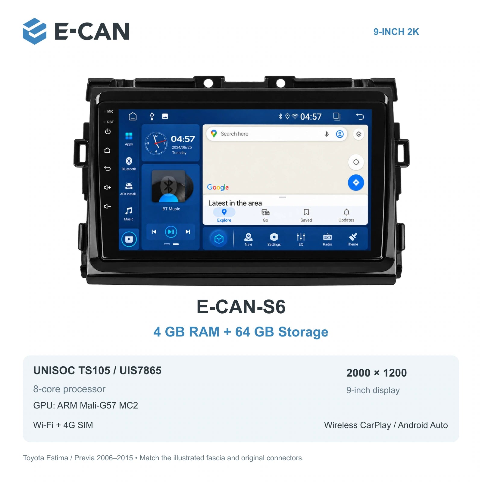 E-CAN Toyota previa 9-inch · 2006–2015 matched fascia E-CAN-S6 4GB + 64GB