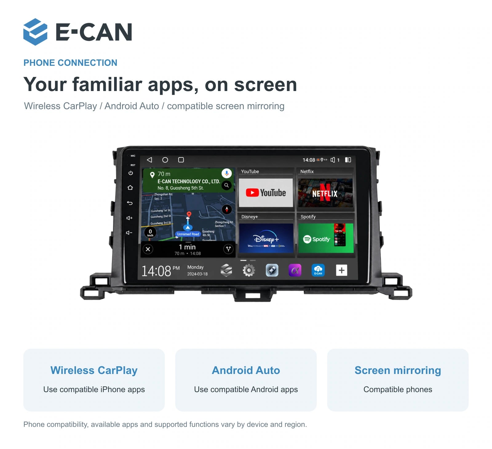 E-CAN Toyota highlander 10-inch · 2015–2019 matched fascia feature
