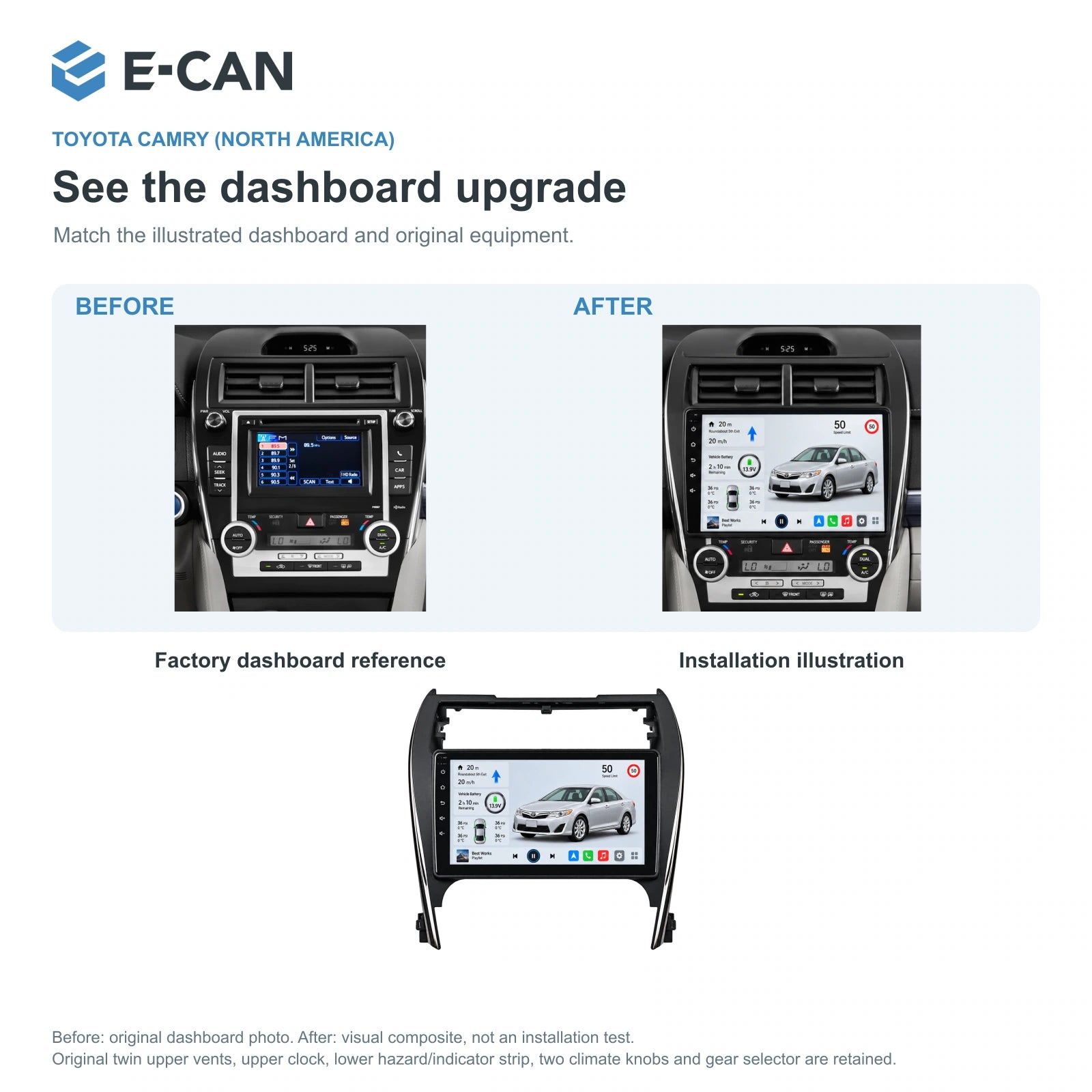 E-CAN Toyota camry North America · 2012–2014 factory dashboard and installation illustration