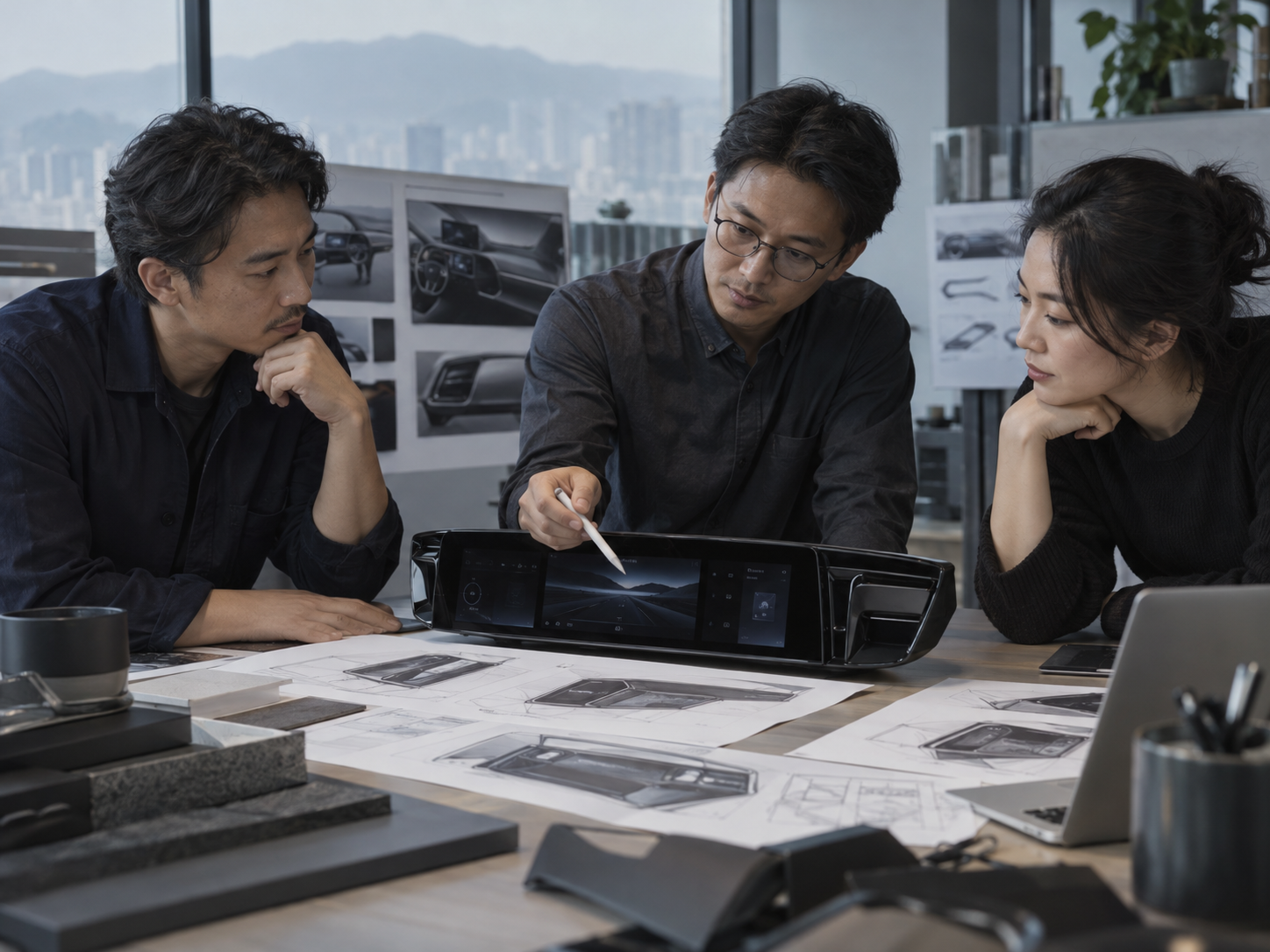 Illustrative automotive electronics design team discussing a head-unit prototype