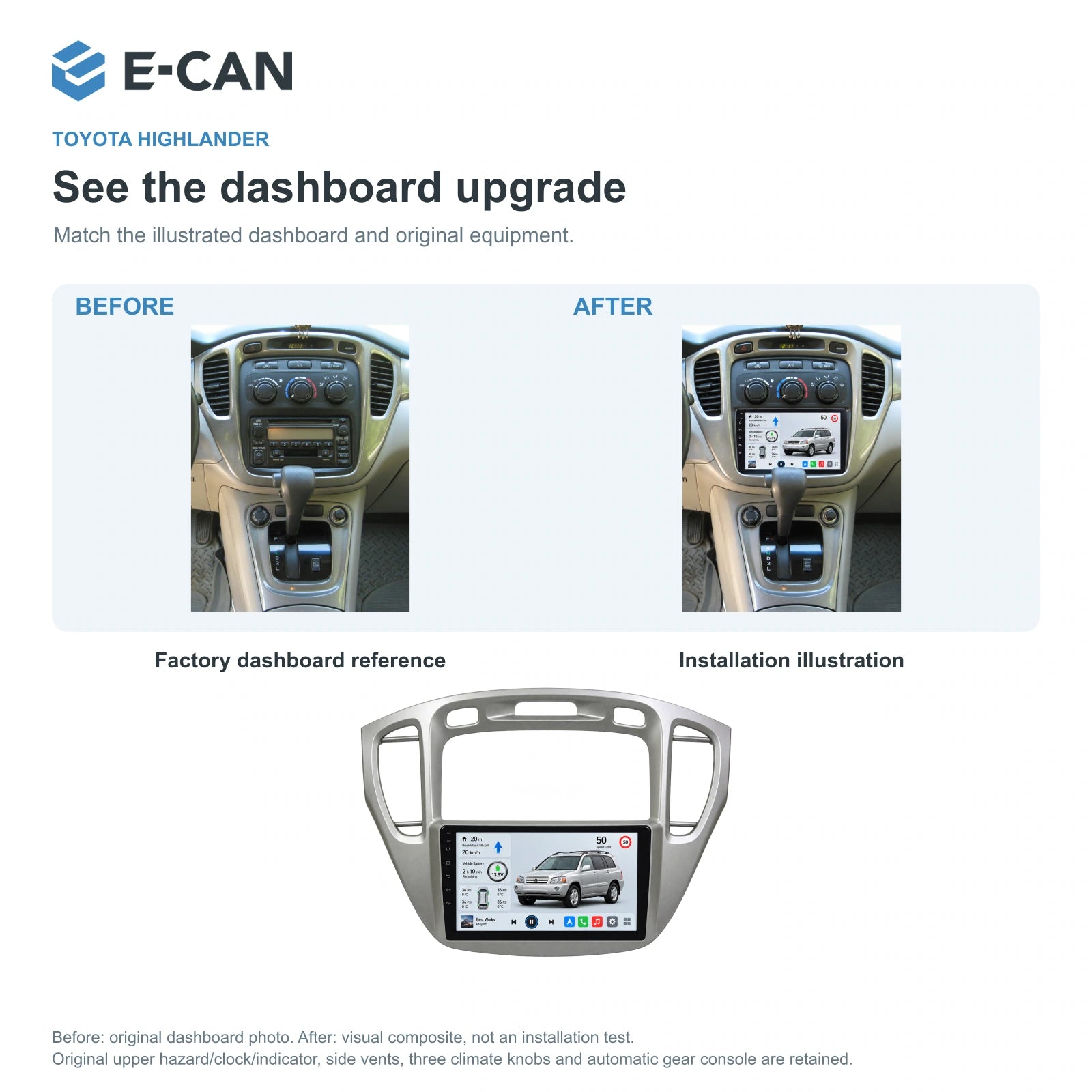 E-CAN Toyota highlander 9-inch · 2002–2007 matched fascia factory dashboard and installation illustration