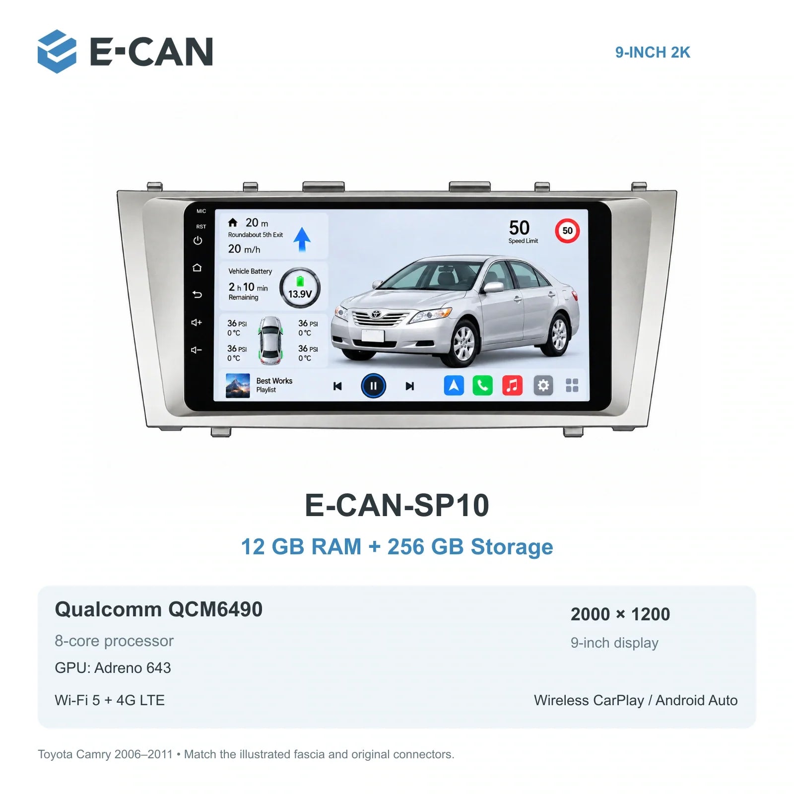 E-CAN Toyota Camry XV40 9-inch compact fascia E-CAN-SP10 12GB + 256GB