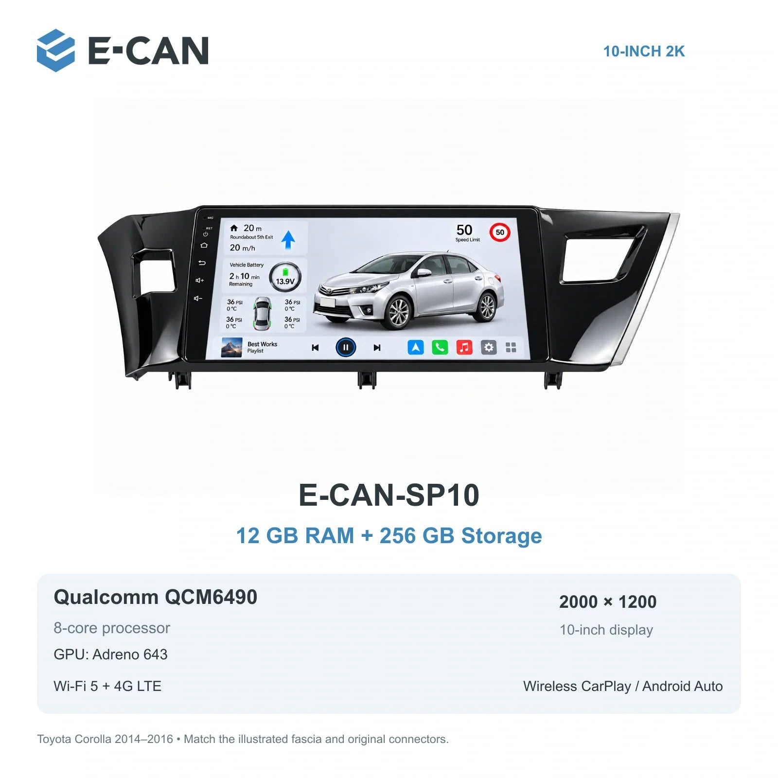 E-CAN Toyota corolla China LHD fascia · 2014–2016 E-CAN-SP10 12GB + 256GB